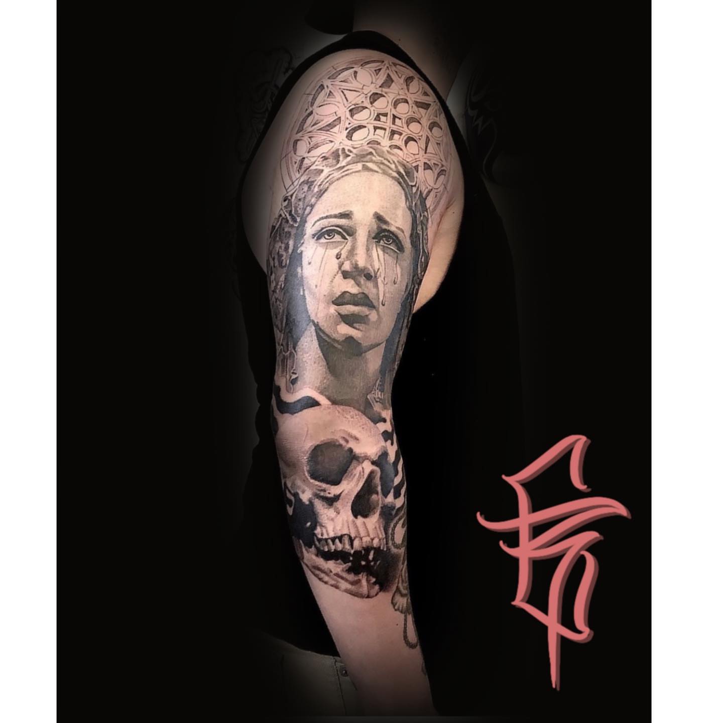 Woman with skull realism tattoo on the forearm by Fullerton ca tattooing