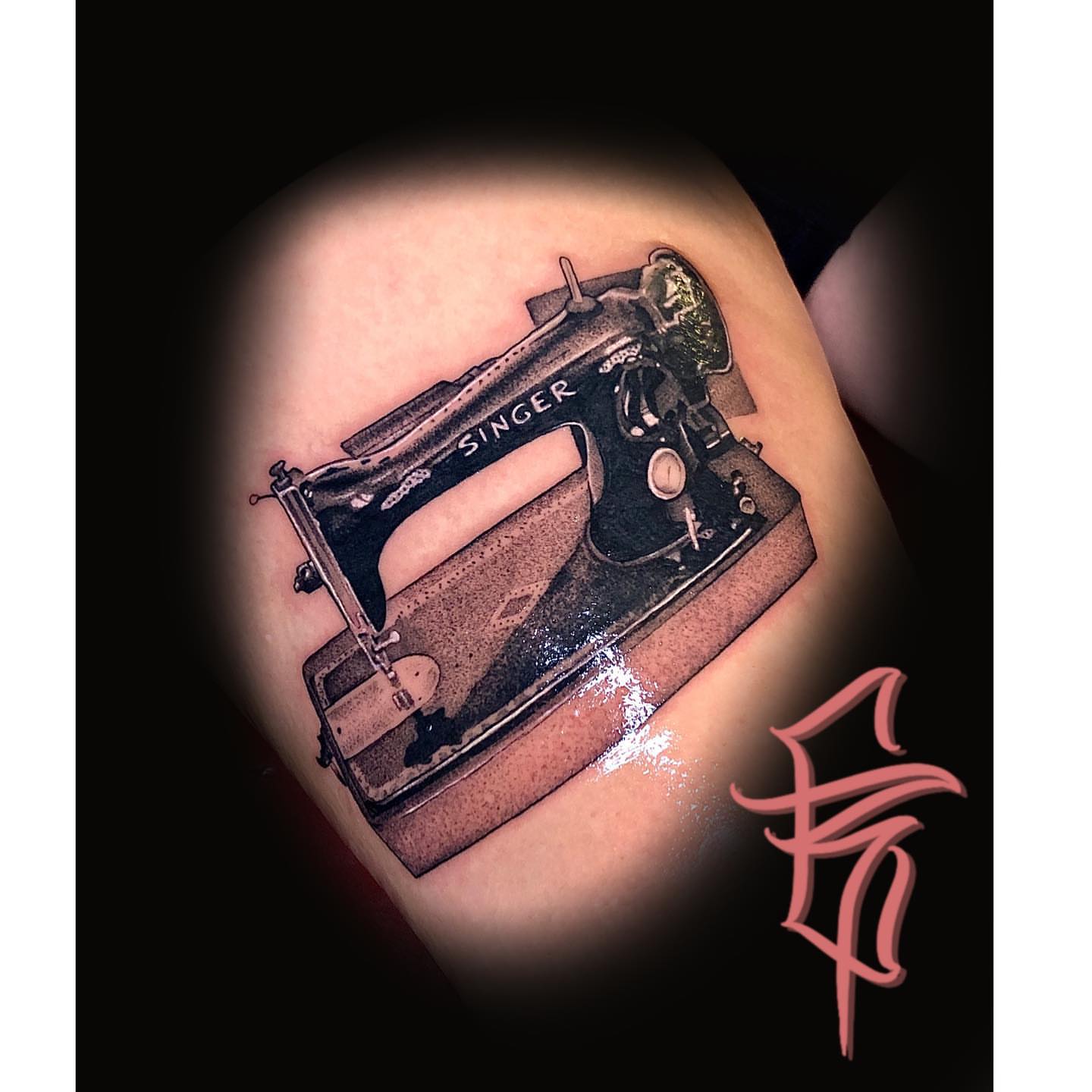 Sewing machine realism tattoo on the forearm by Fullerton ca tattooing
