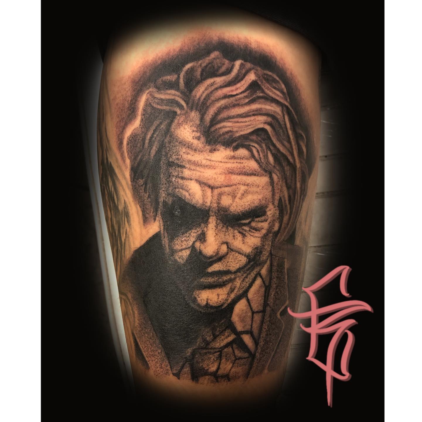 Joker realism tattoo on the forearm by Fullerton ca tattooing