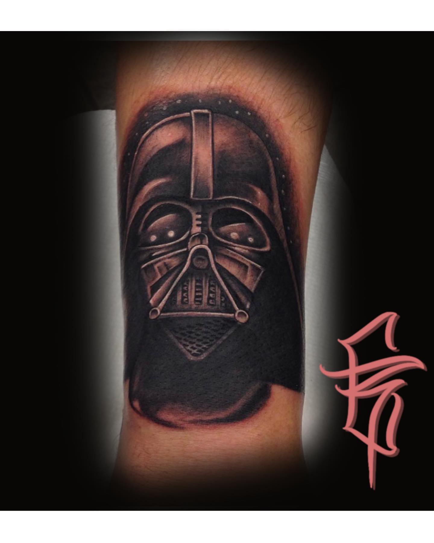 Darth vader helmet dark realism tattoo on the forearm by Fullerton ca tattooing