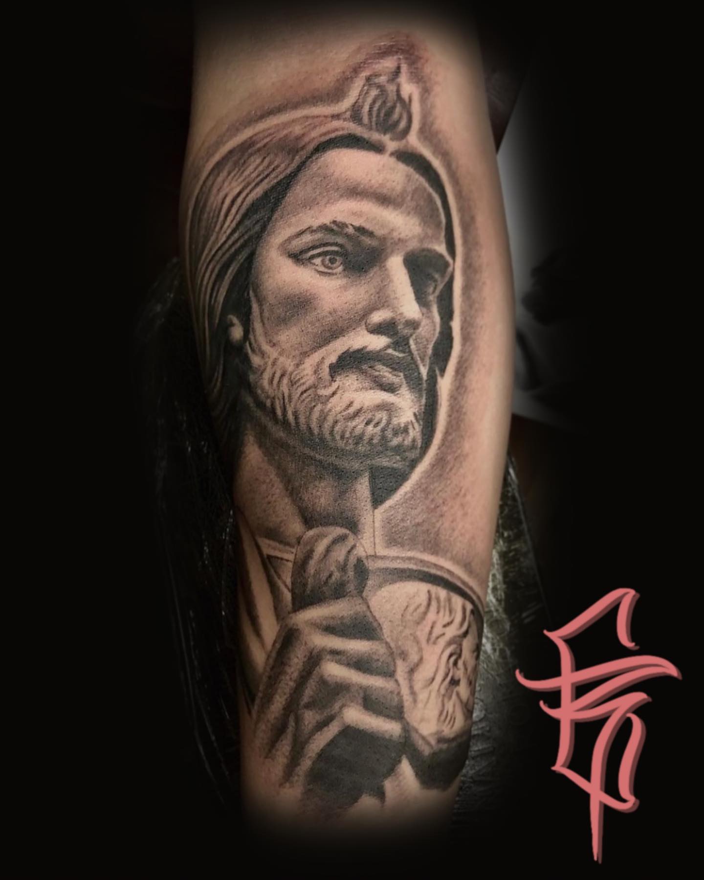 Religious figure realism tattoo on the forearm by Fullerton ca tattooing