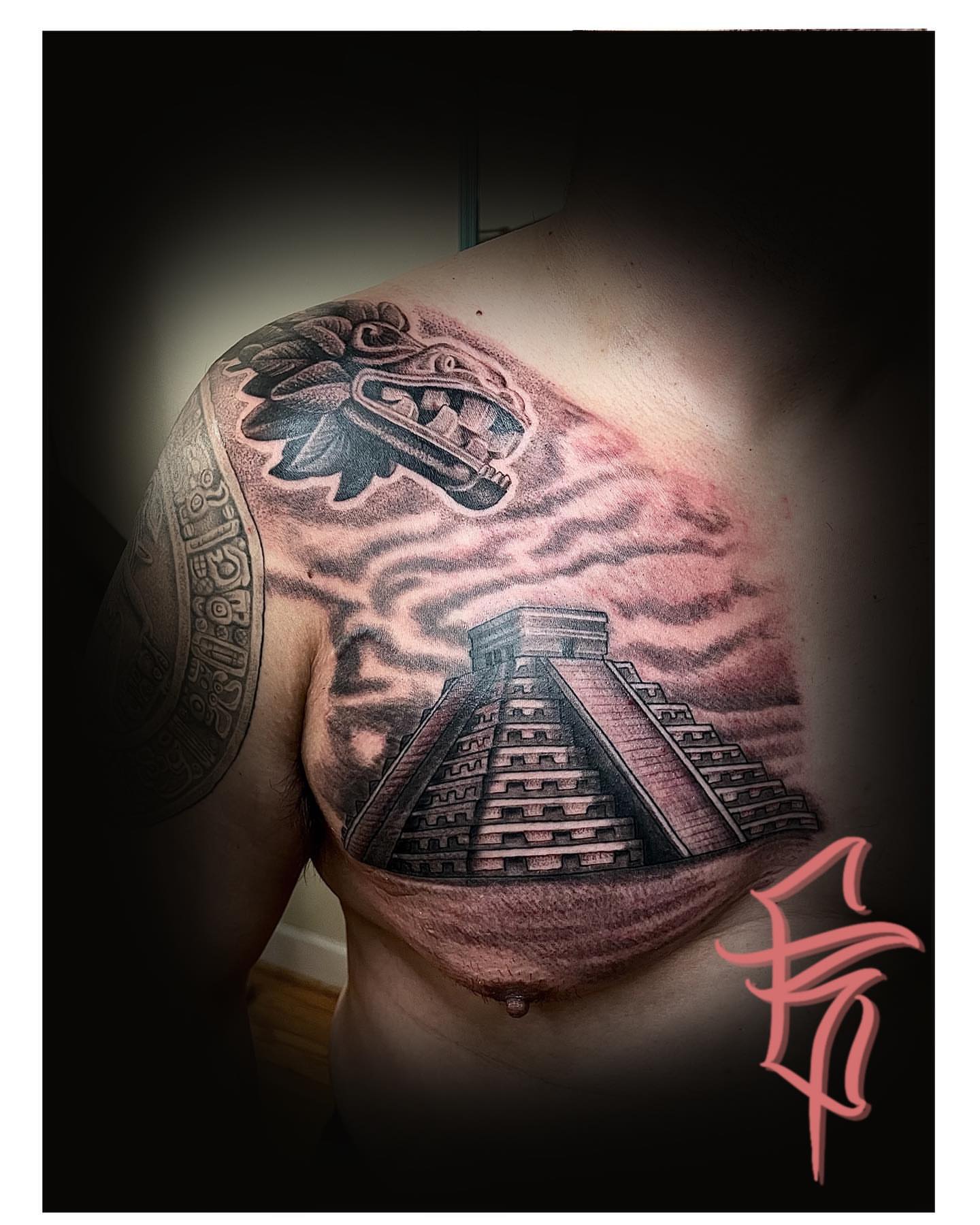 Pyramid and eagle realism tattoo on the chest by Fullerton ca tattooing