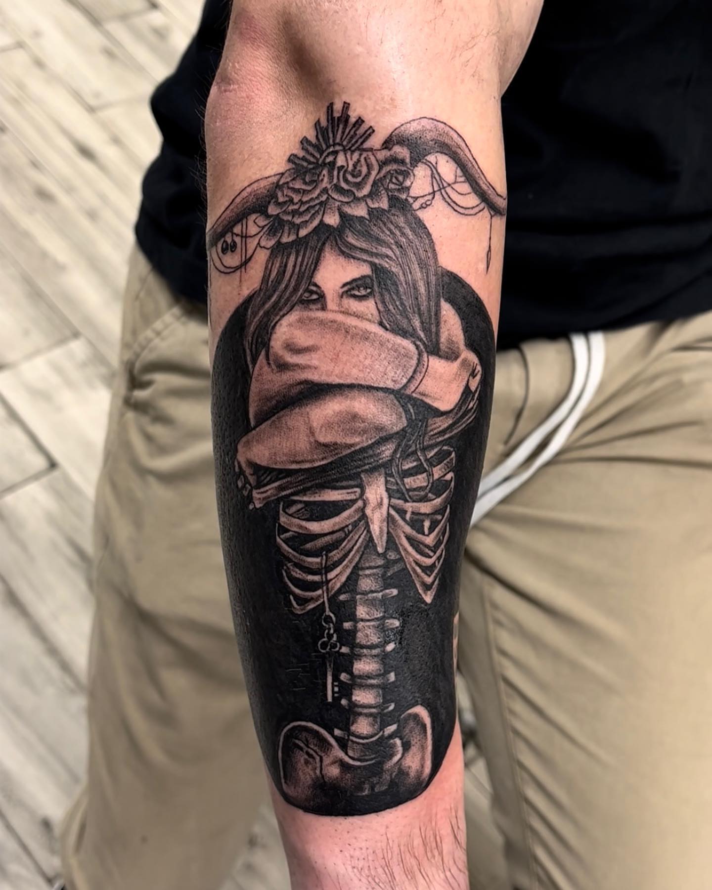 Woman with skeleton realism tattoo on the forearm by Monique Ortiz, Mesa, Arizona