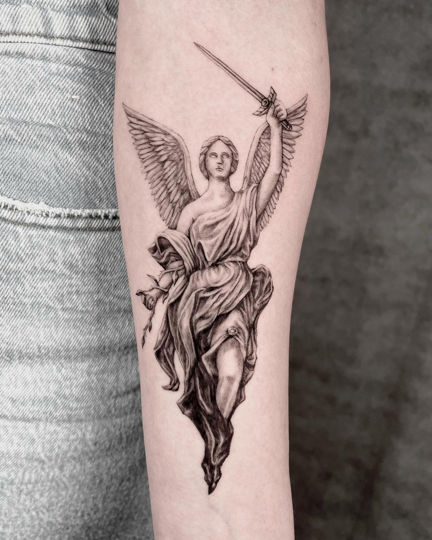 Angel with sword realism tattoo on the forearm by eugene k 🌈, San Francisco, California