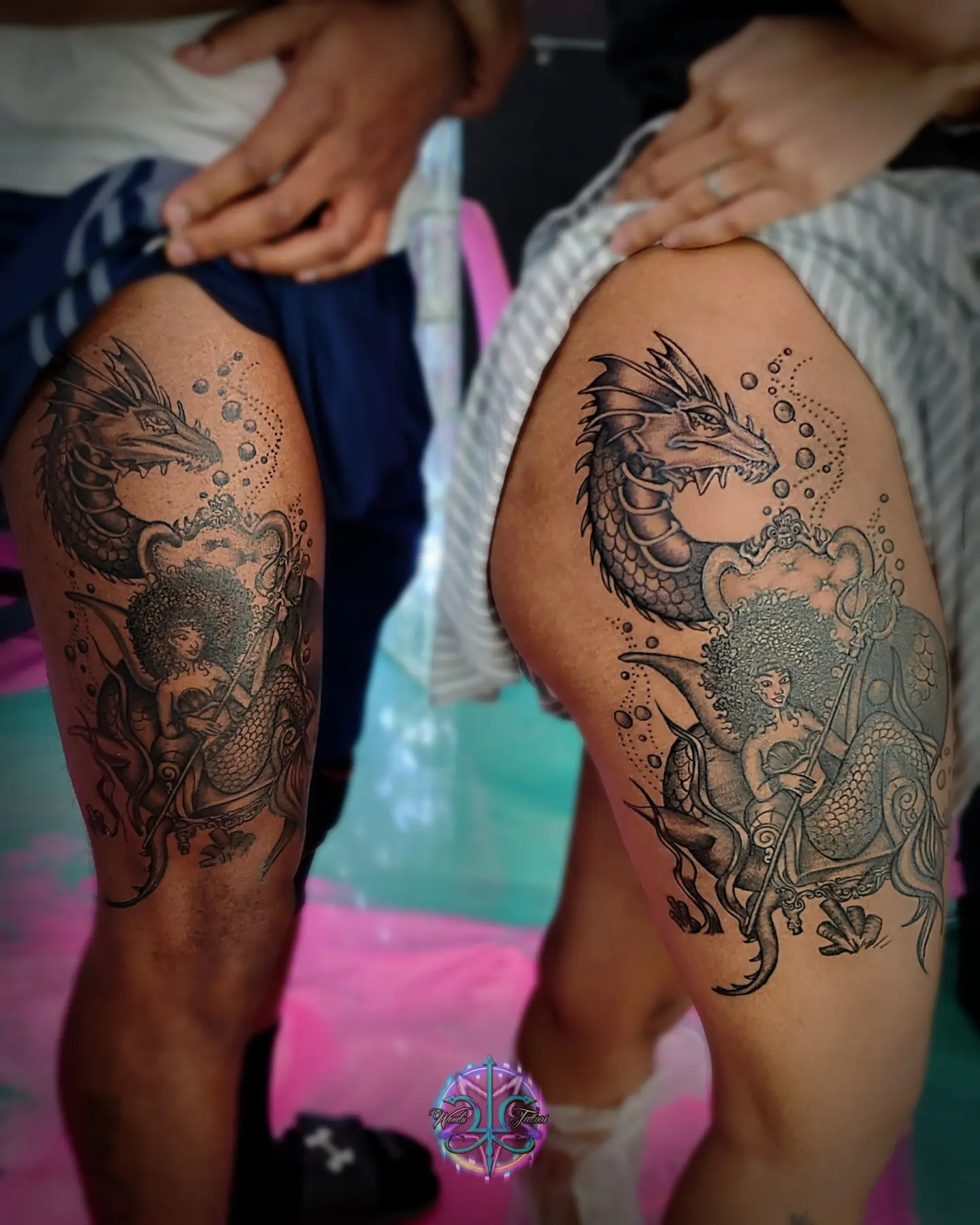Dragon and mermaid dotwork tattoo on the thigh by Wendii Calderon