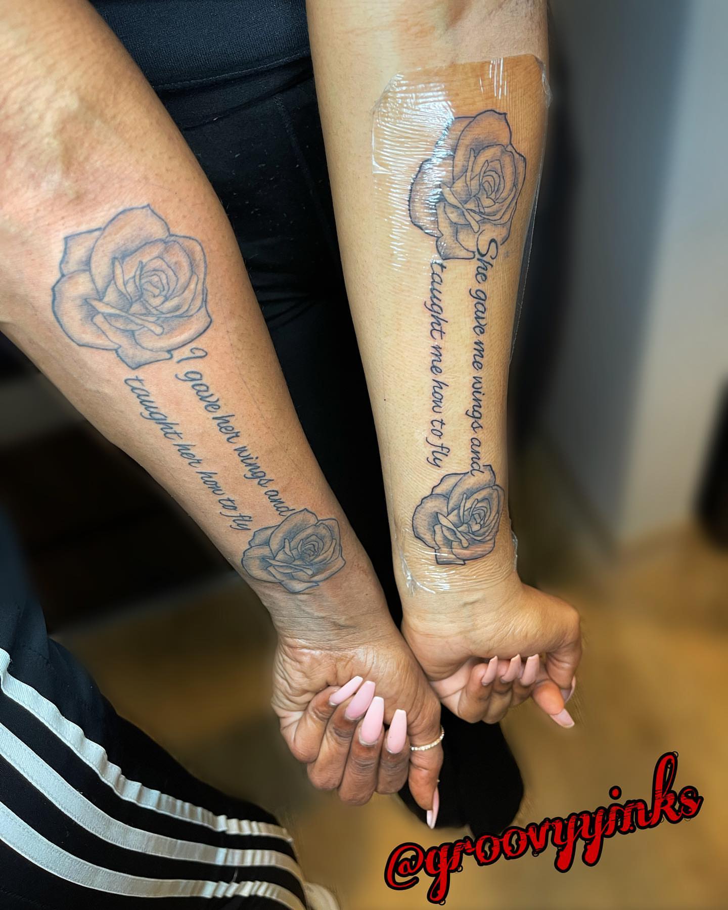 Rose and script black and grey tattoo on the forearm by groovyyinkss