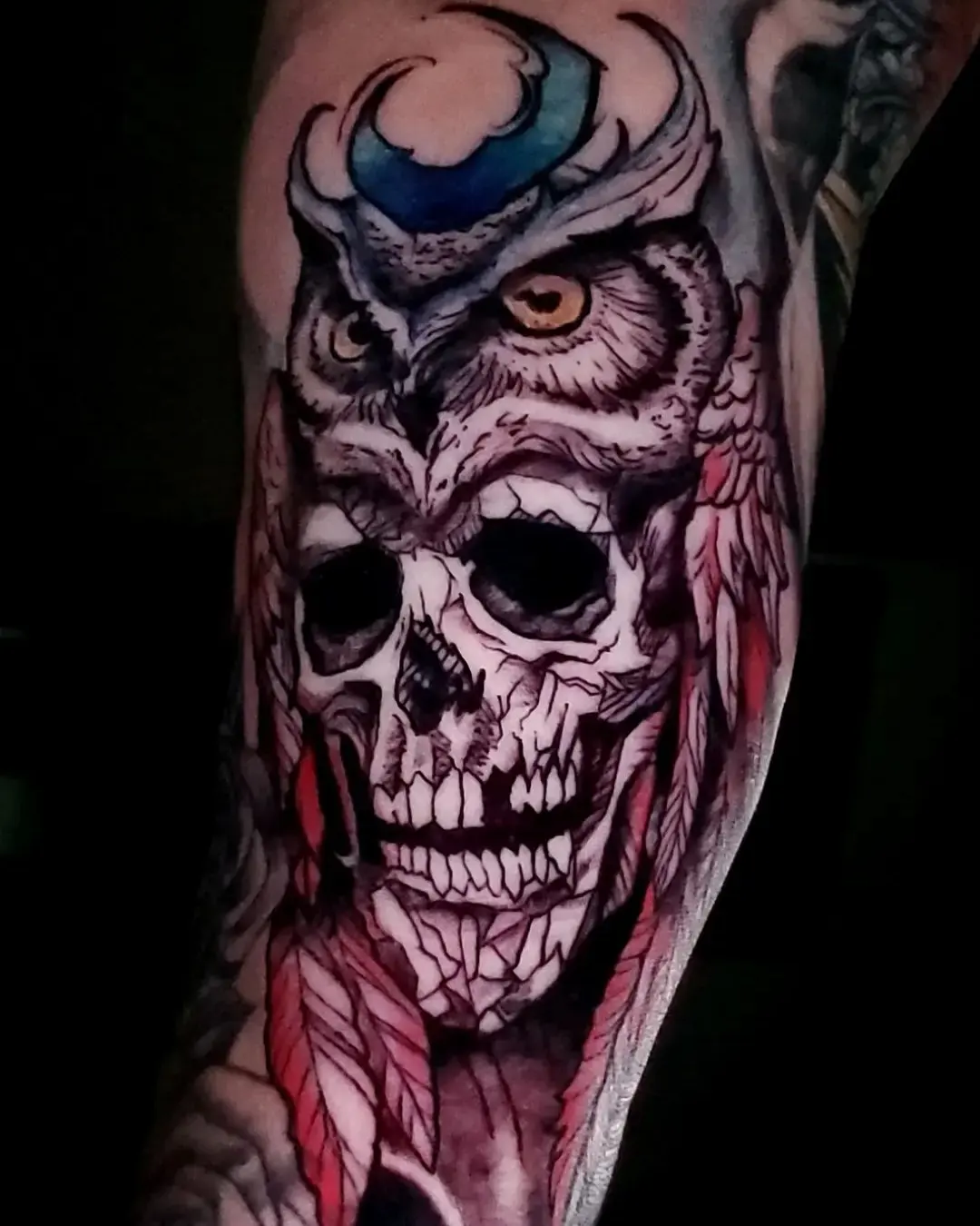 Owl skull dark realism tattoo on the forearm by BoogaInk