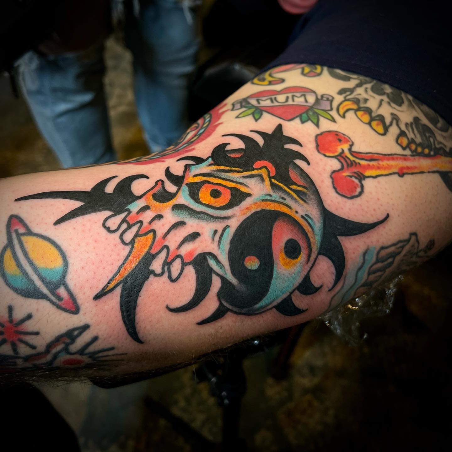 Angry dog American traditional tattoo on the forearm by Troy Mort, Altoona, Pennsylvania
