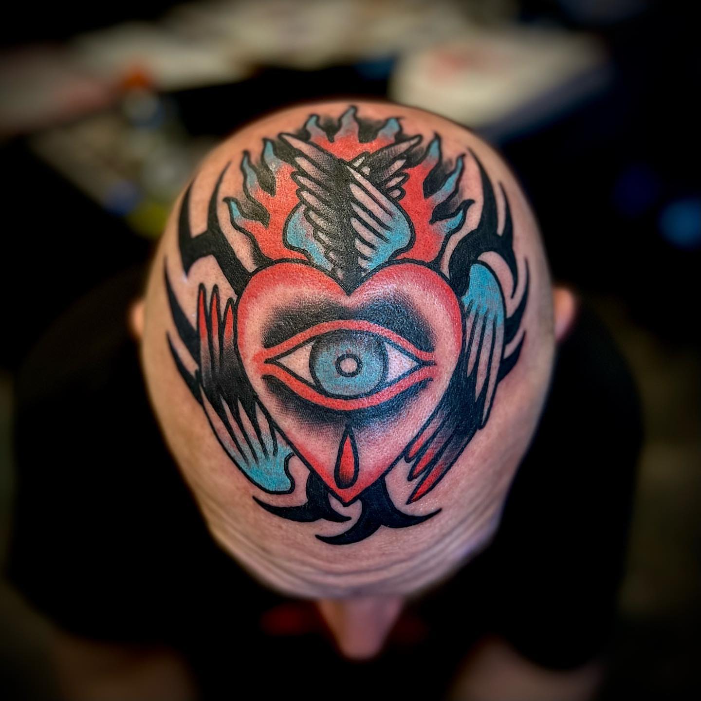Eye within heart American traditional tattoo on the head by Troy Mort, Altoona, Pennsylvania