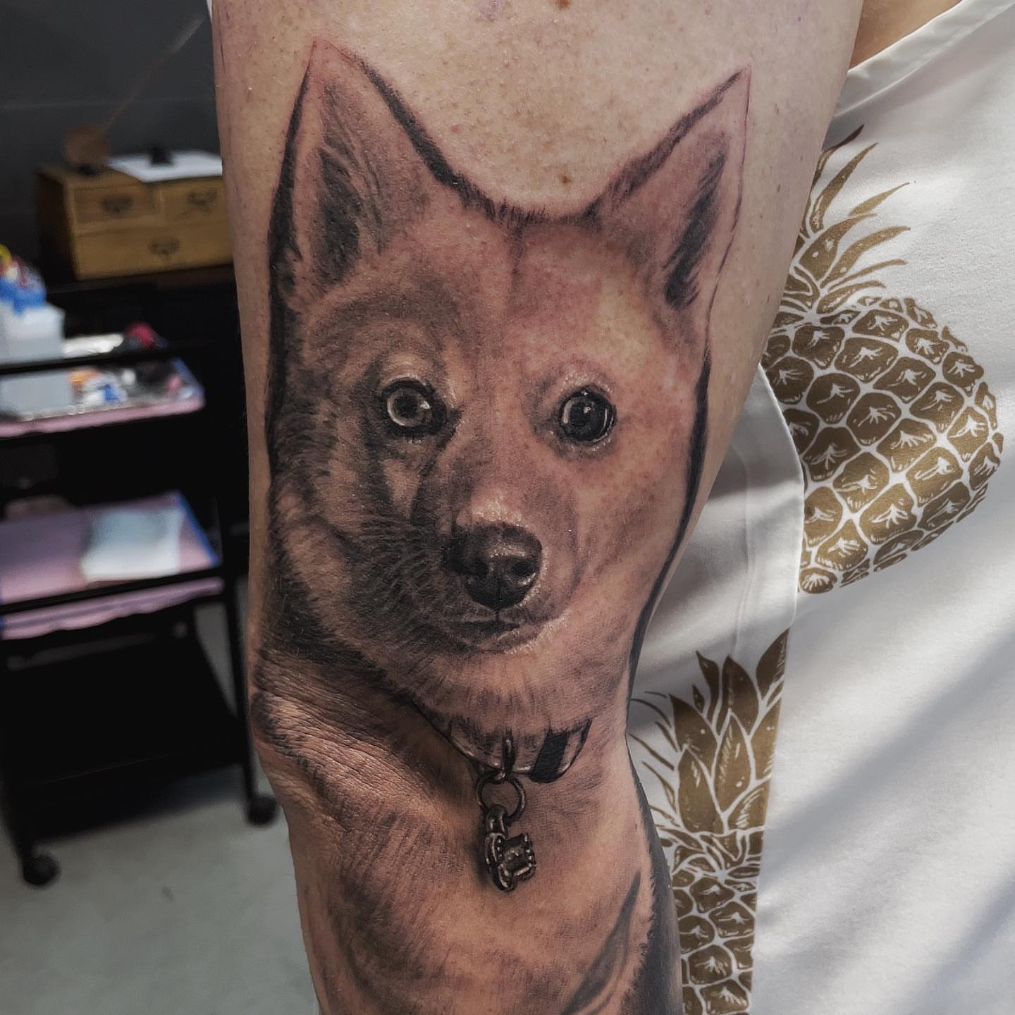 Dog realism tattoo on the forearm by Rusty Dornhecker, Columbus, Ohio