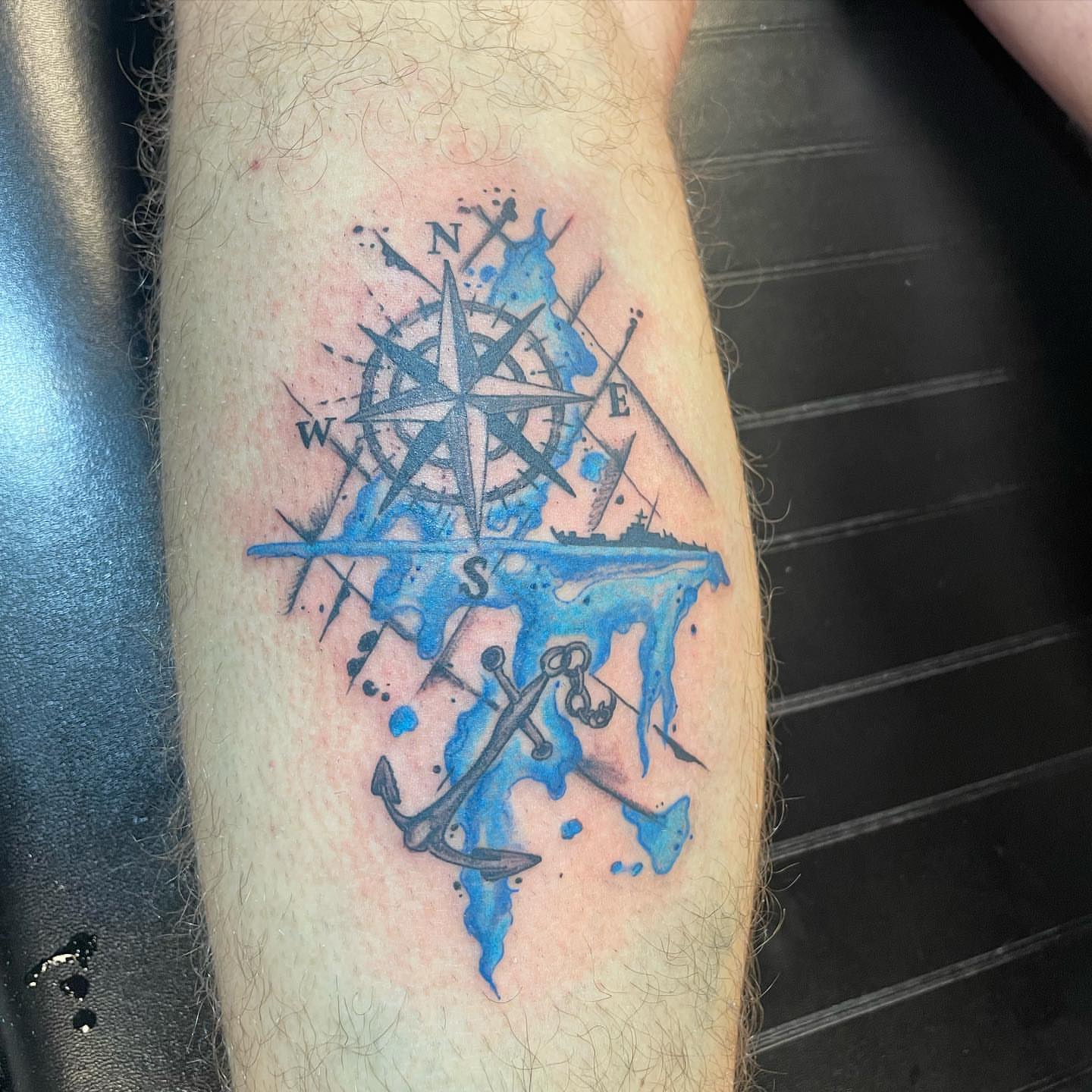 Compass and anchor watercolor tattoo on the forearm by Breanna💉🔮, Dover, Delaware