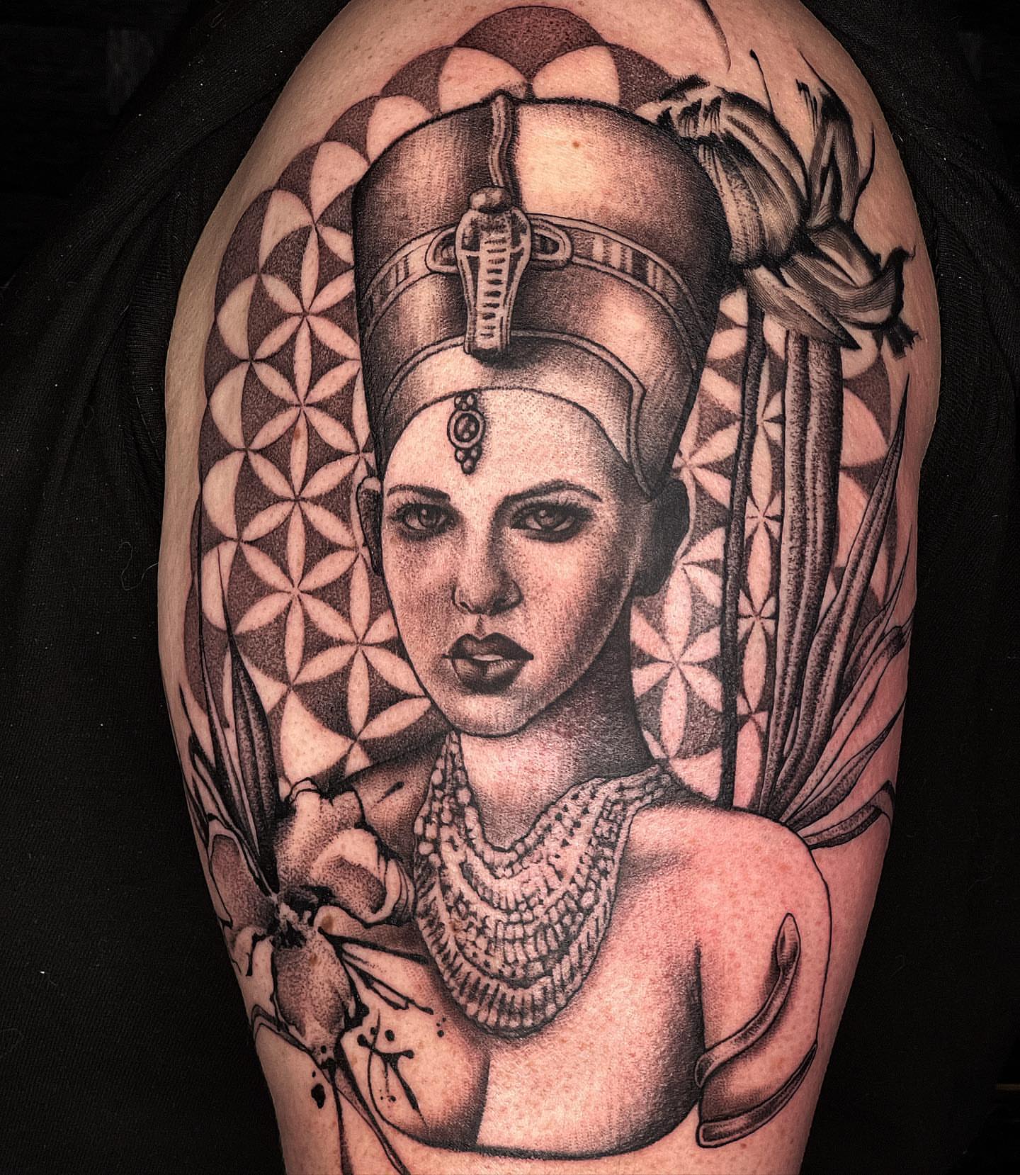 Nubian queen realism tattoo on the shoulder by Emily Jestine Francis