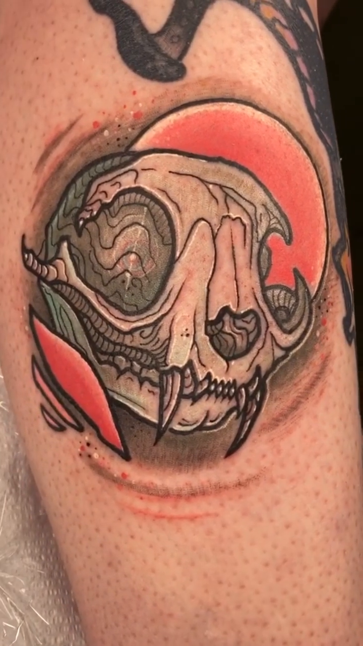 Cat skull neo-traditional tattoo by Riley Oats
