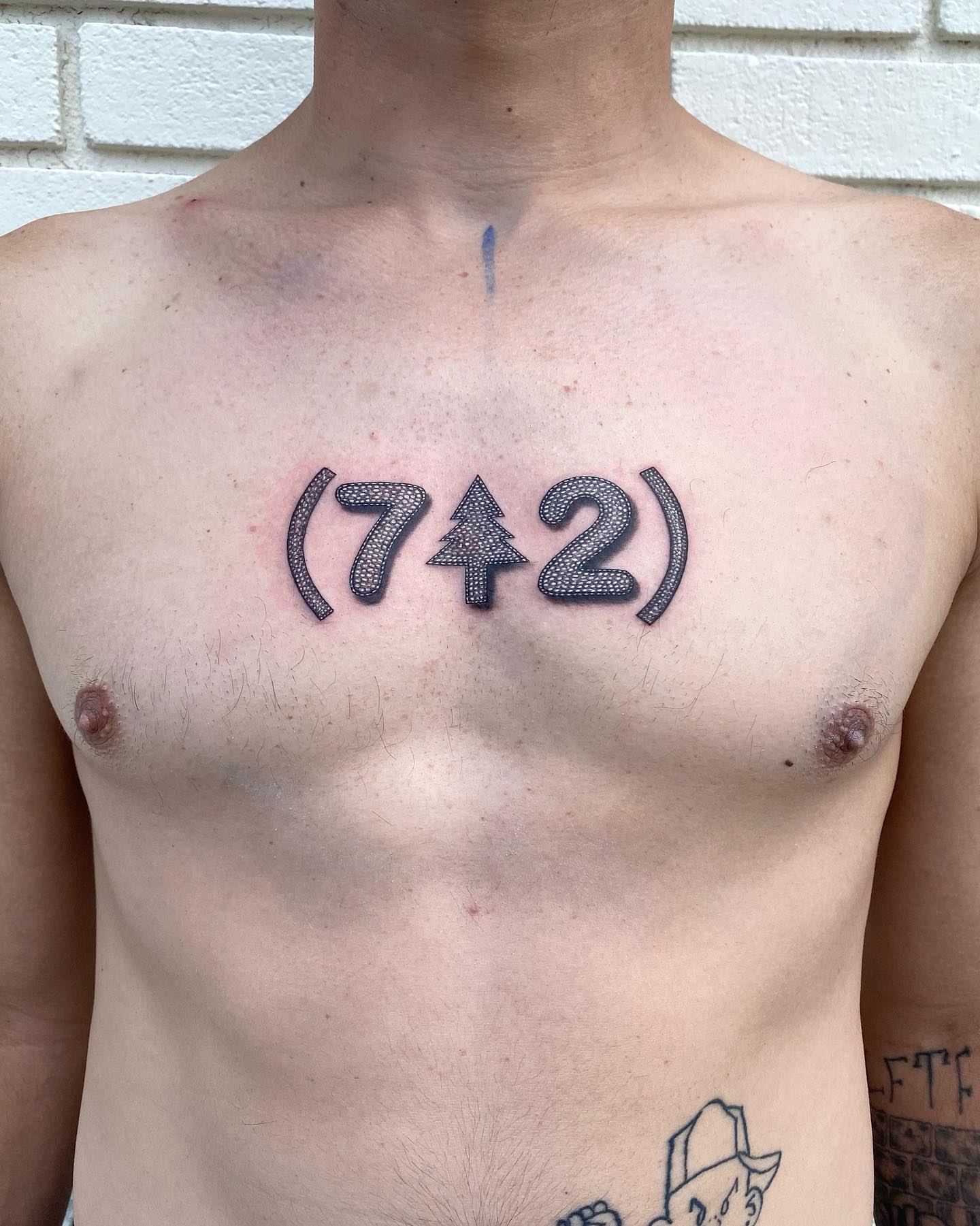 Numbers and tree dotwork tattoo on the chest by Becky Lee Cameron