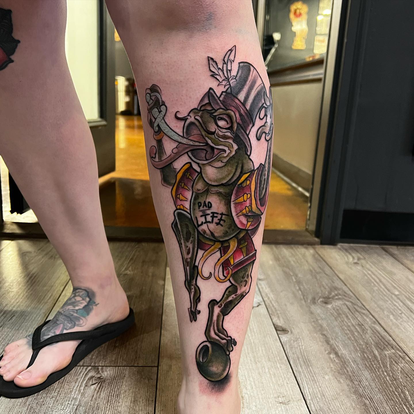 Pirate elephant American traditional tattoo on the calf by Tattoos by Dave