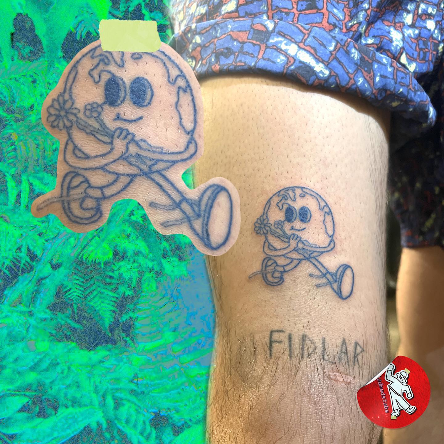 Mushroom character playing trumpet illustrative tattoo on the forearm by mars