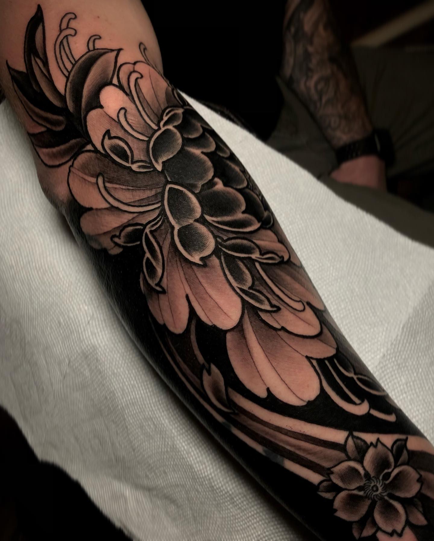 Chrysanthemum black and grey tattoo on the forearm by π΅πππ πΎπππππππ, Penndel, Pennsylvania