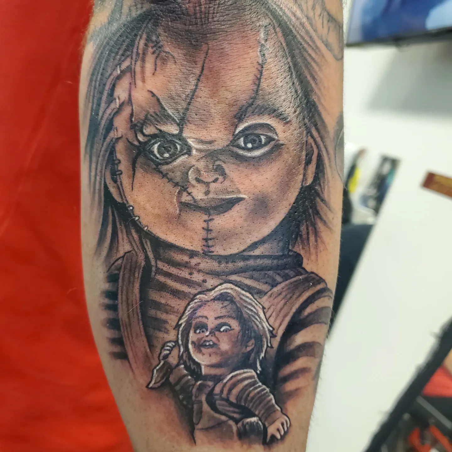 Chucky doll realism tattoo on the forearm by @stevison15