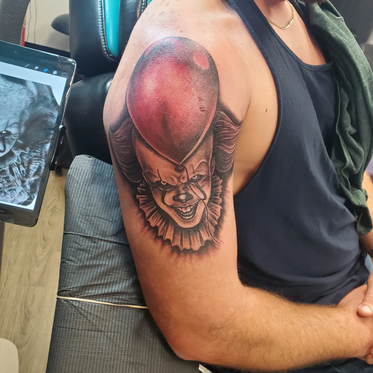 Clown realism tattoo on the shoulder by @stevison15