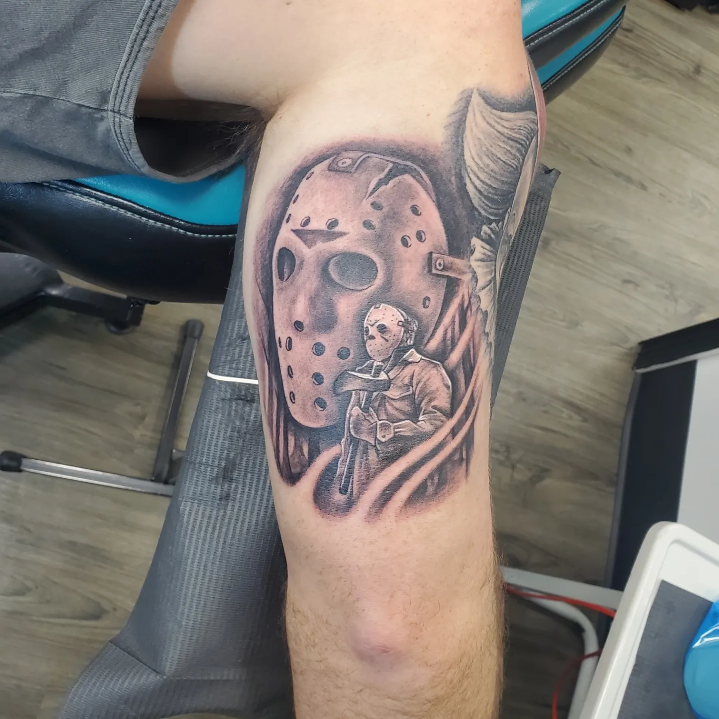 Jason voorhees realism tattoo on the thigh by @stevison15