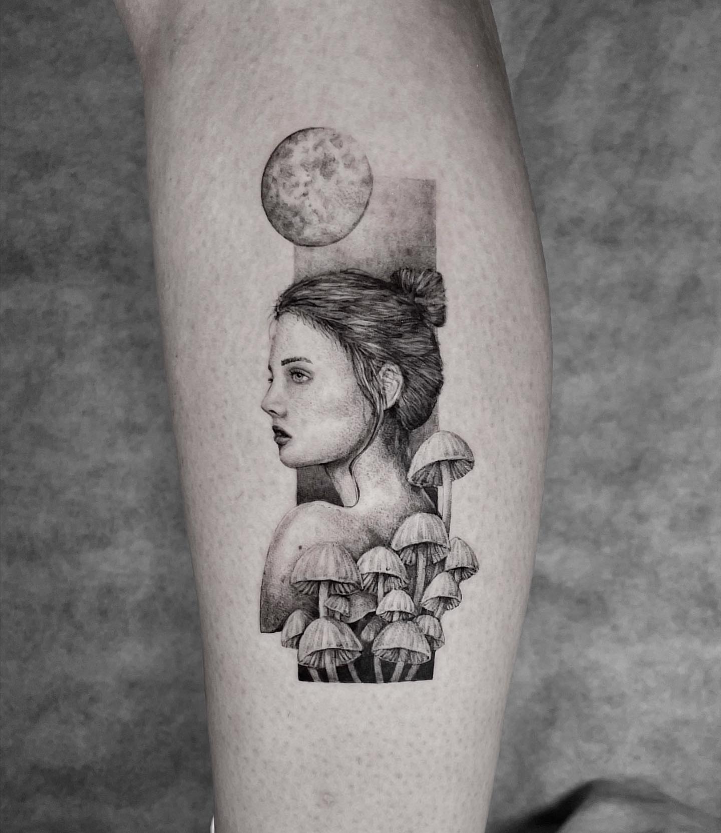Woman with mushrooms realism tattoo on the thigh by eugene k 🌈, San Francisco, California
