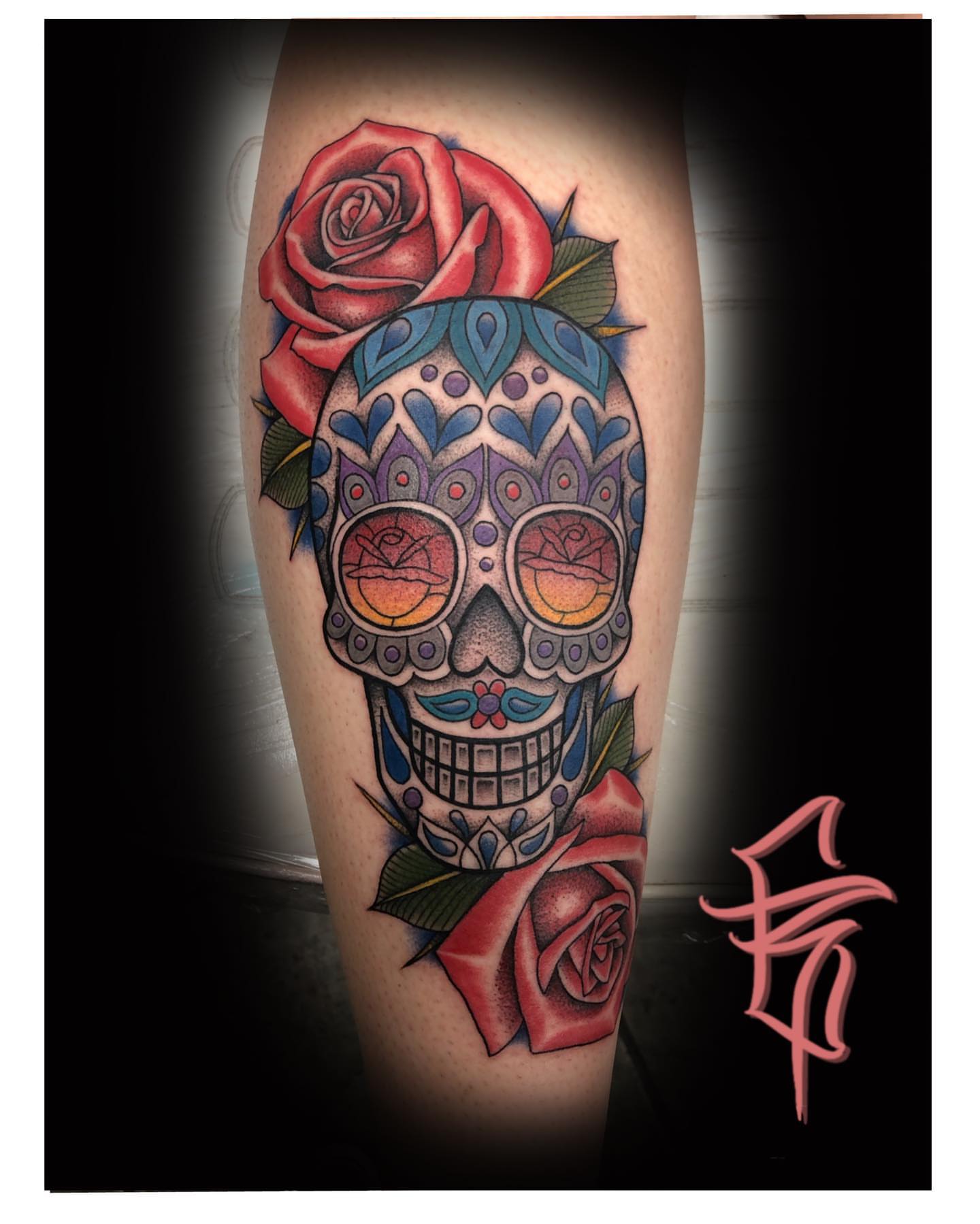 Sugar skull Chicano tattoo on the forearm by Fullerton ca tattooing