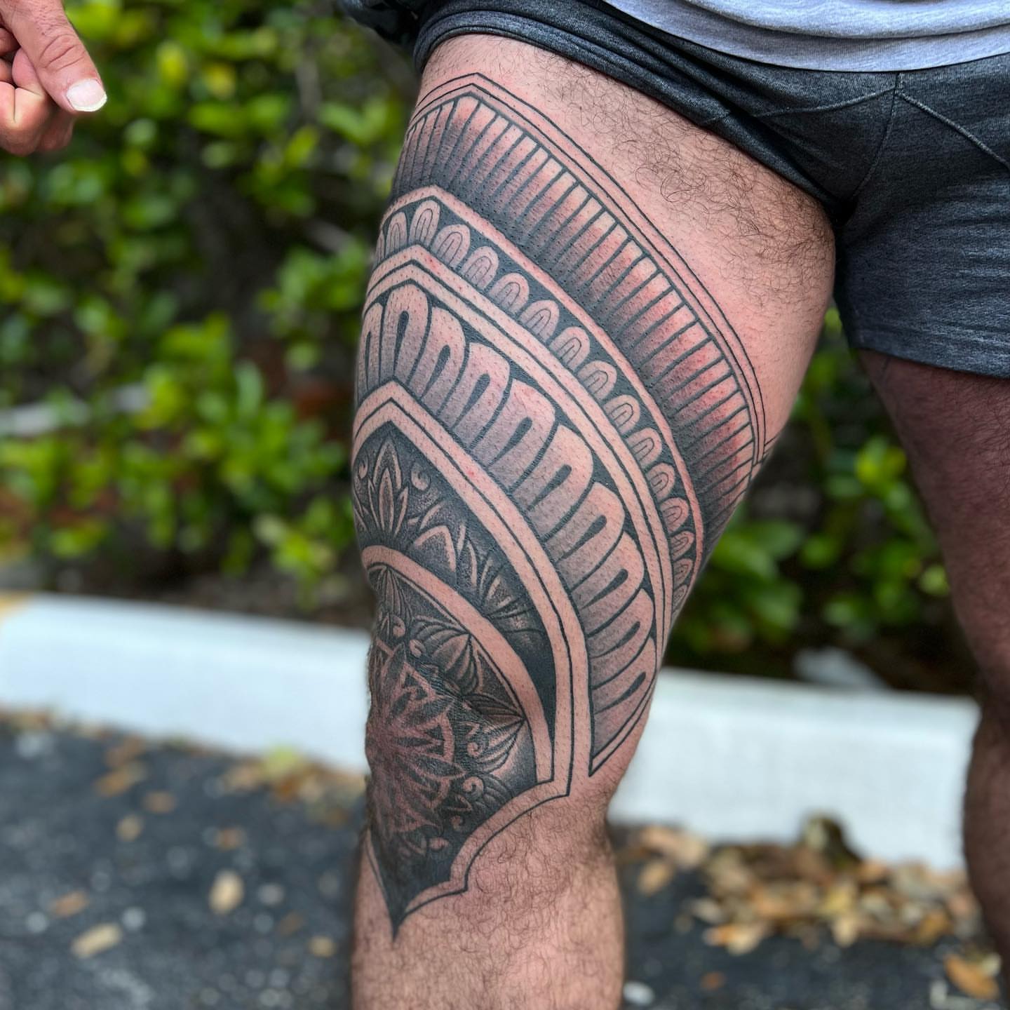 Geometric pattern geometric tattoo on the thigh by Ałex, Portland, Oregon