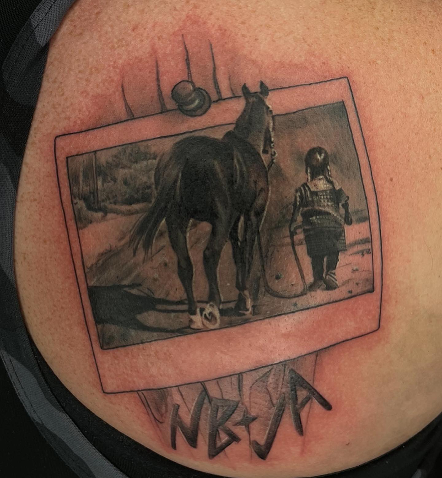 Horse and child realism tattoo on the back by Nick Jones (Buttonsandfaders)
