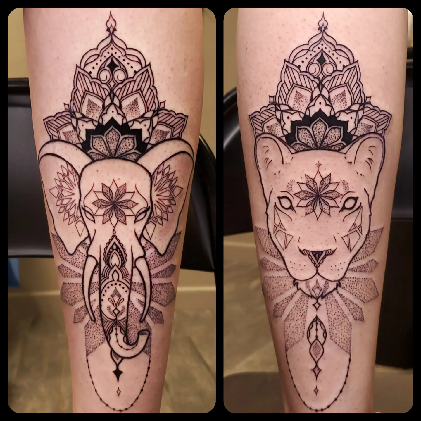 Elephant and leopard dotwork tattoo on the forearm by BoogaInk