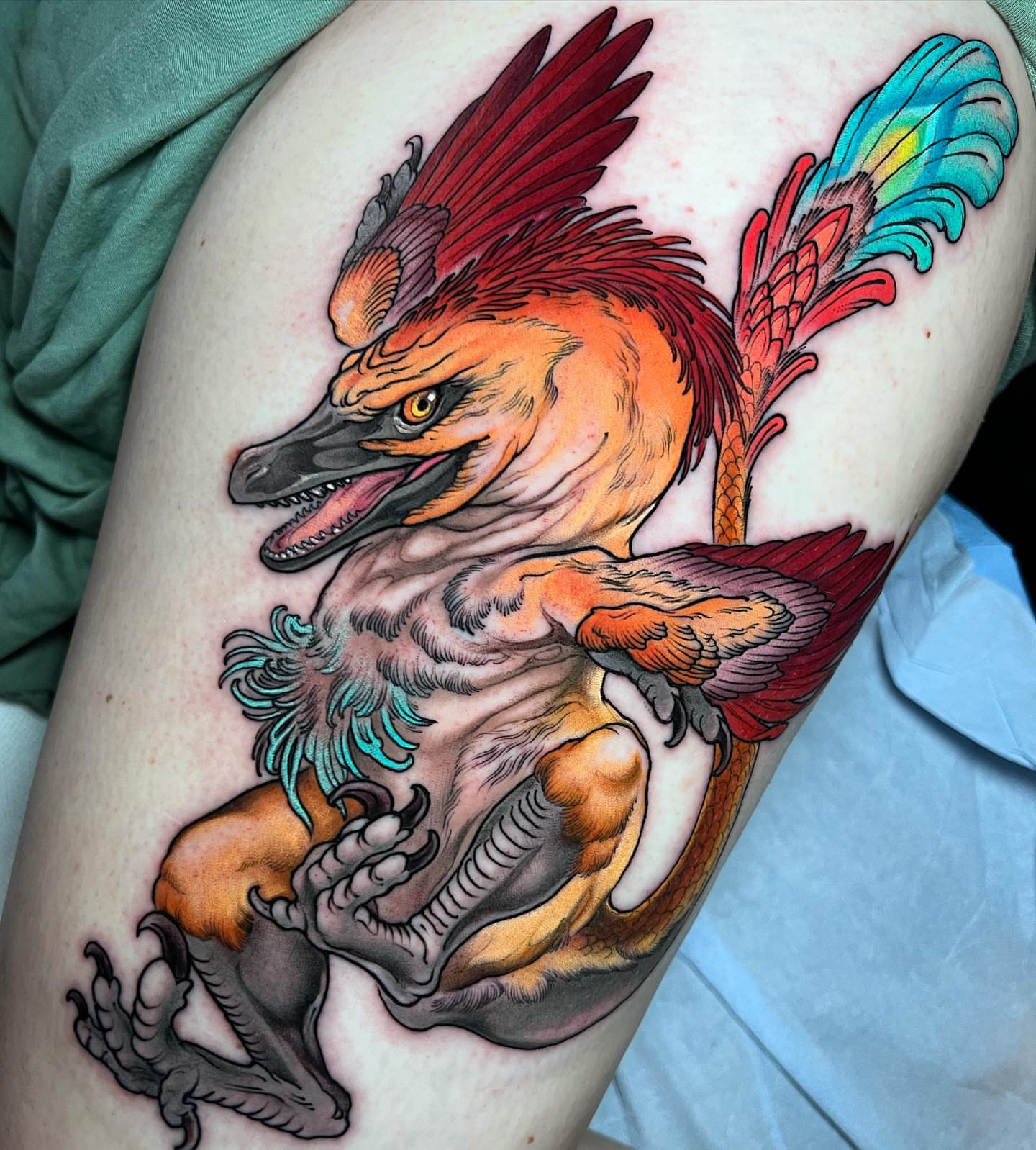 Mythical bird realism tattoo on the thigh by Alisha Harding