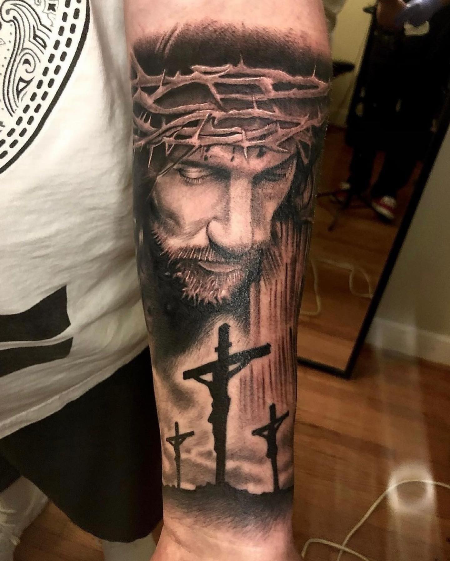Jesus Christ realism tattoo on the forearm by Fullerton ca tattooing