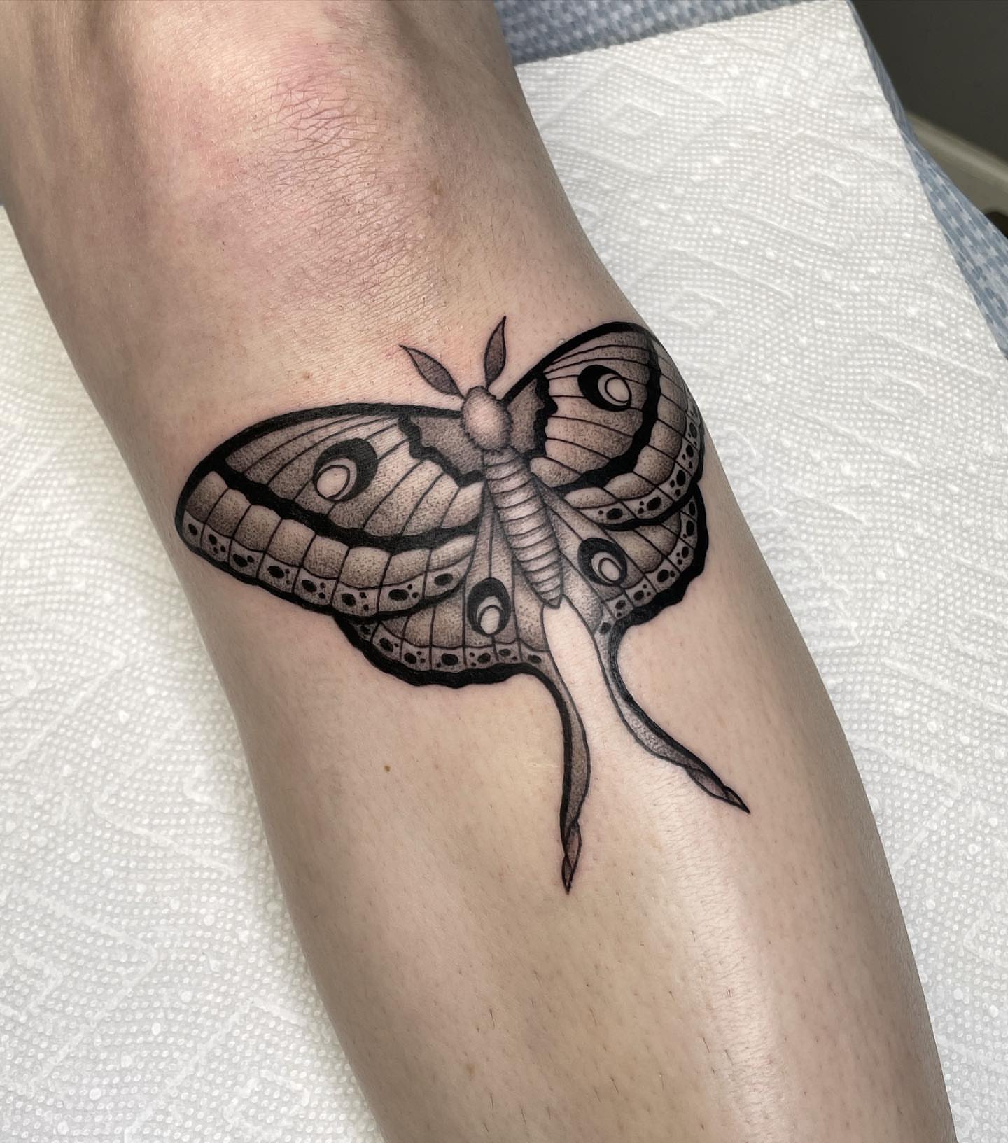 Moth dotwork tattoo on the forearm by Jenn ★ Reid