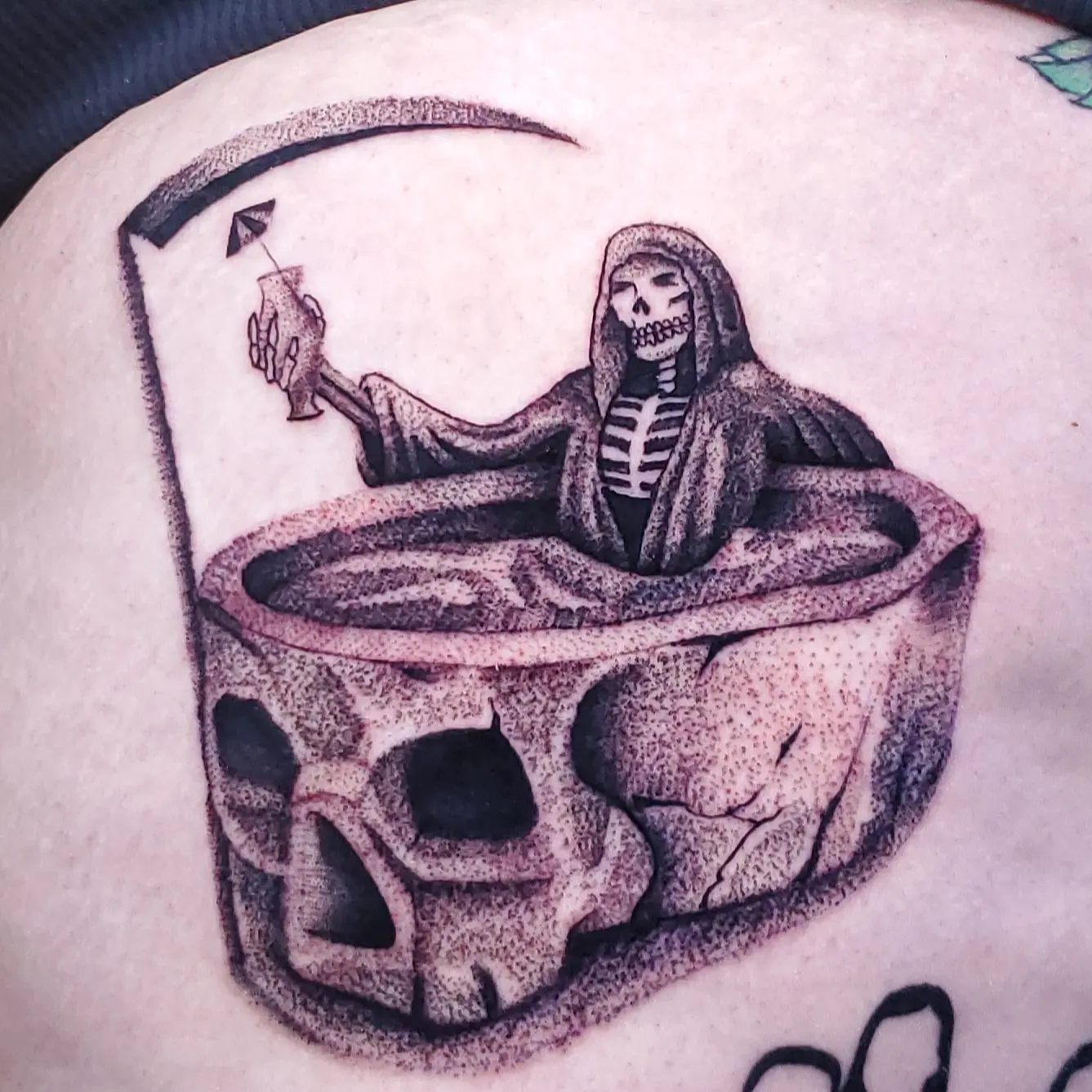 Reaper in bathtub dotwork tattoo on the thigh by BoogaInk