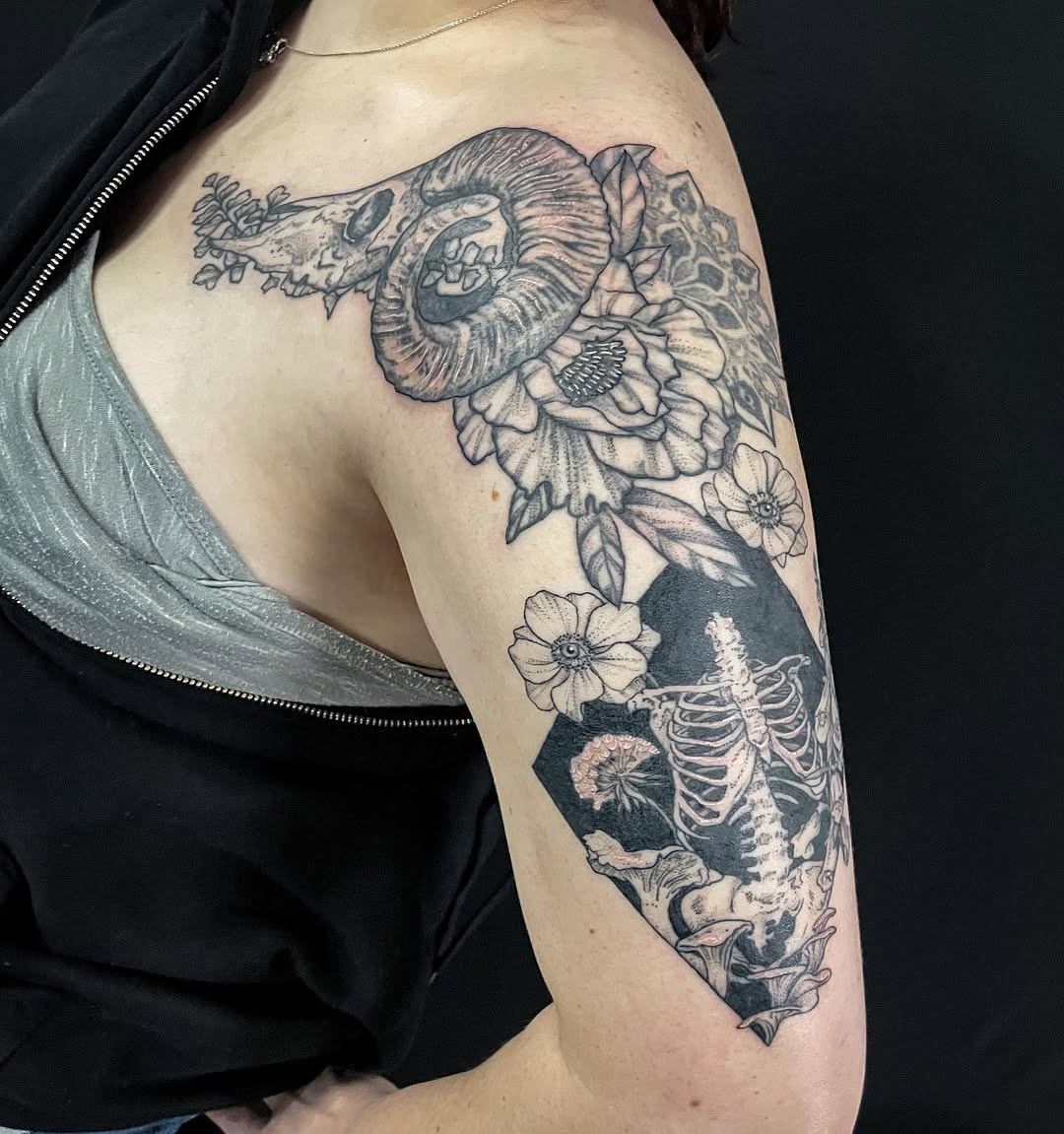 Sketch tattoo on the shoulder by Thylacine Tattoo & Art, Los Angeles, California