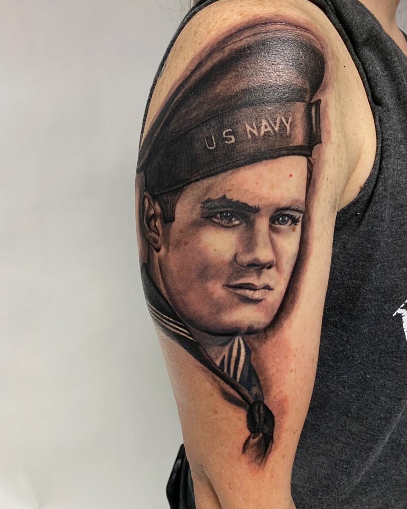 Portrait of a man realism tattoo on the forearm by Adrian Dominguez, Las Vegas, Nevada