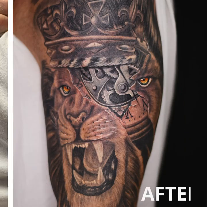 Lion with crown and gears realism tattoo by Amaury Ramirez
