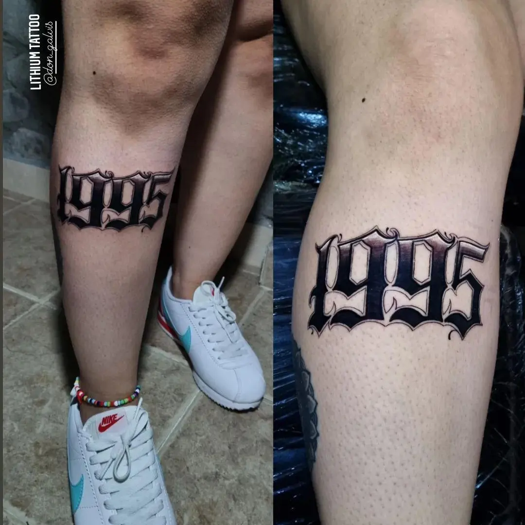 1995 lettering script tattoo on the leg by Chris galvis, Charlotte, North Carolina