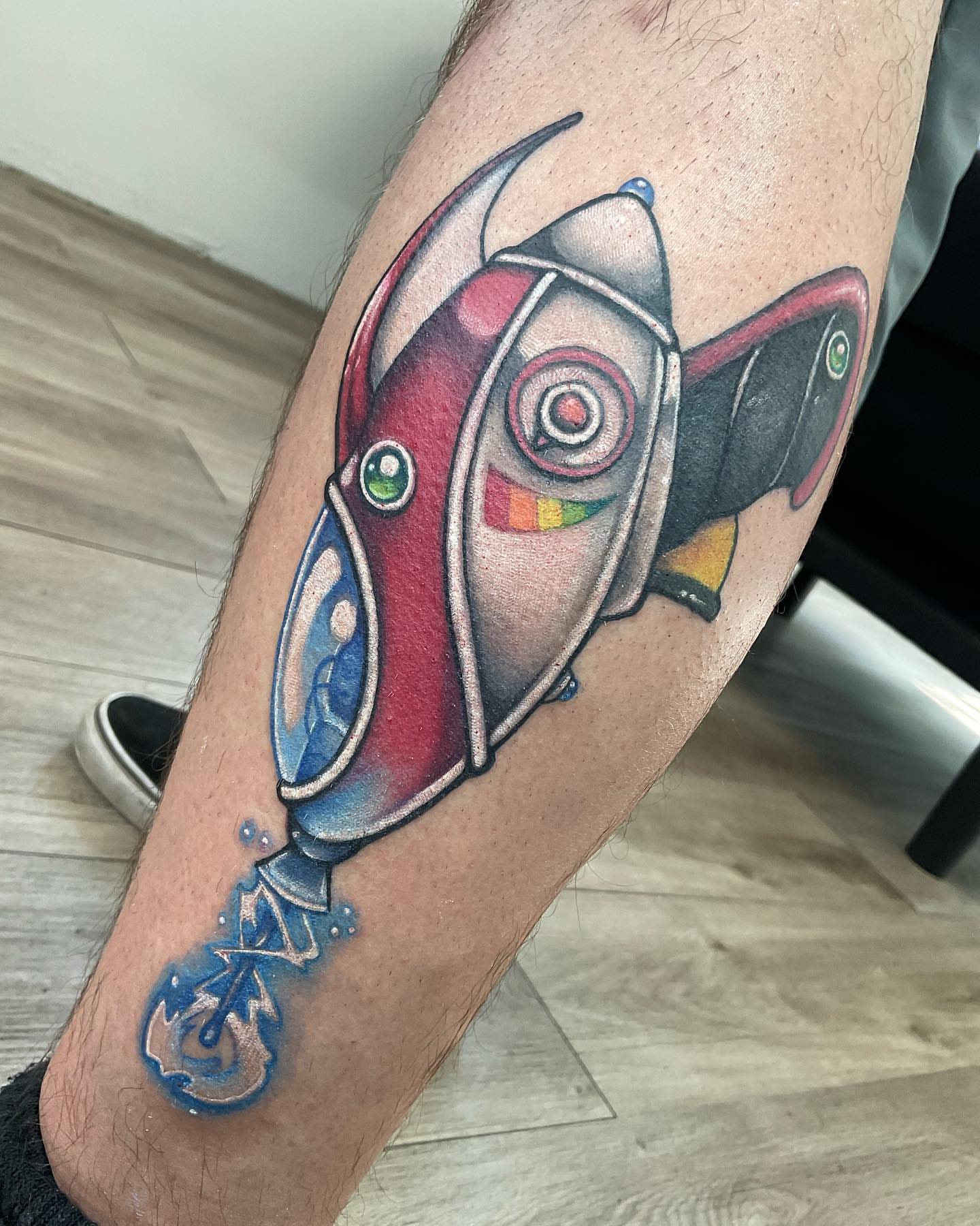 Rocket new school tattoo on the forearm by Angell Tattoo Artist, Denver, Colorado