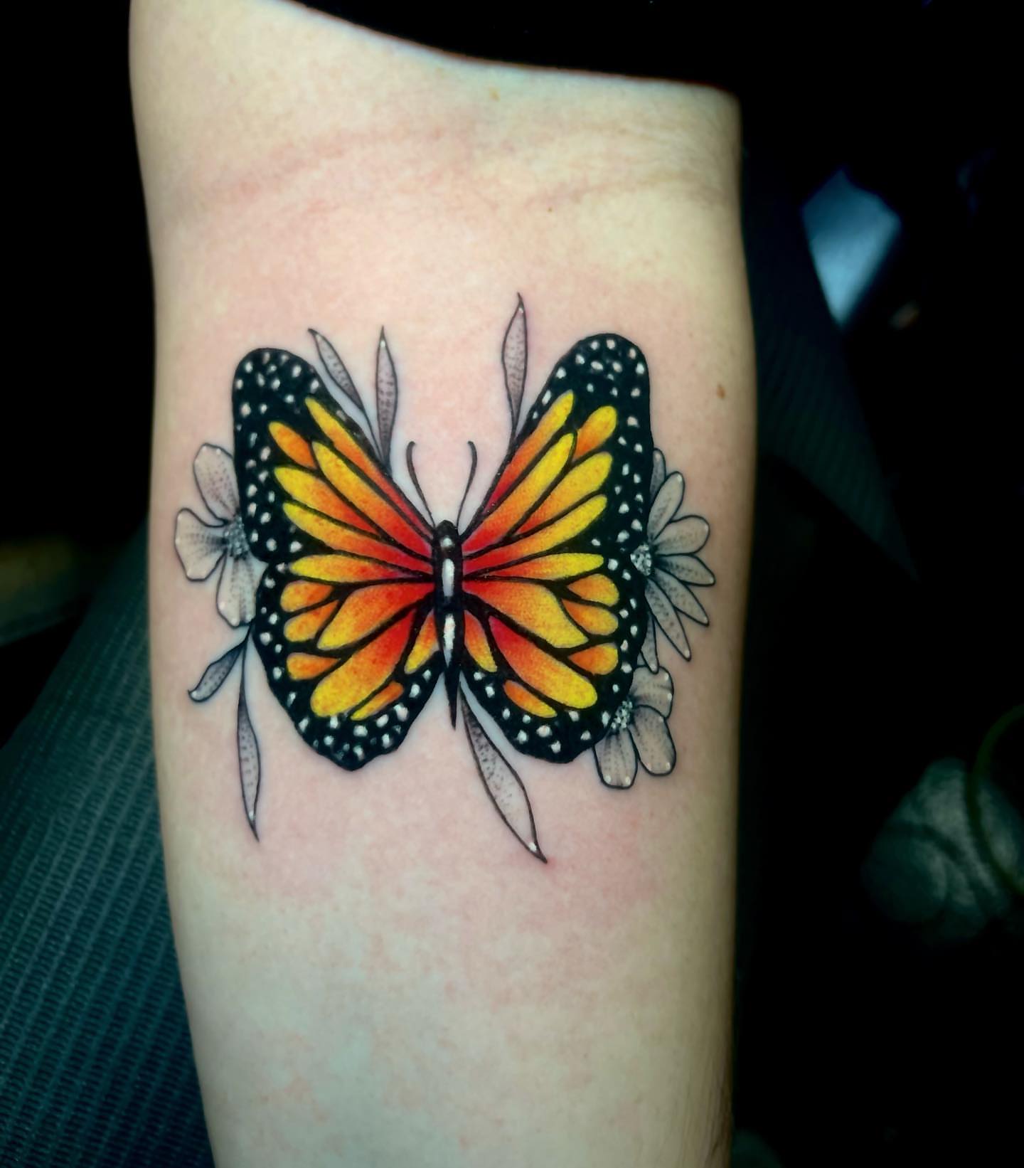 Monarch butterfly dotwork tattoo on the forearm by Jacob Martin, Toledo, Ohio