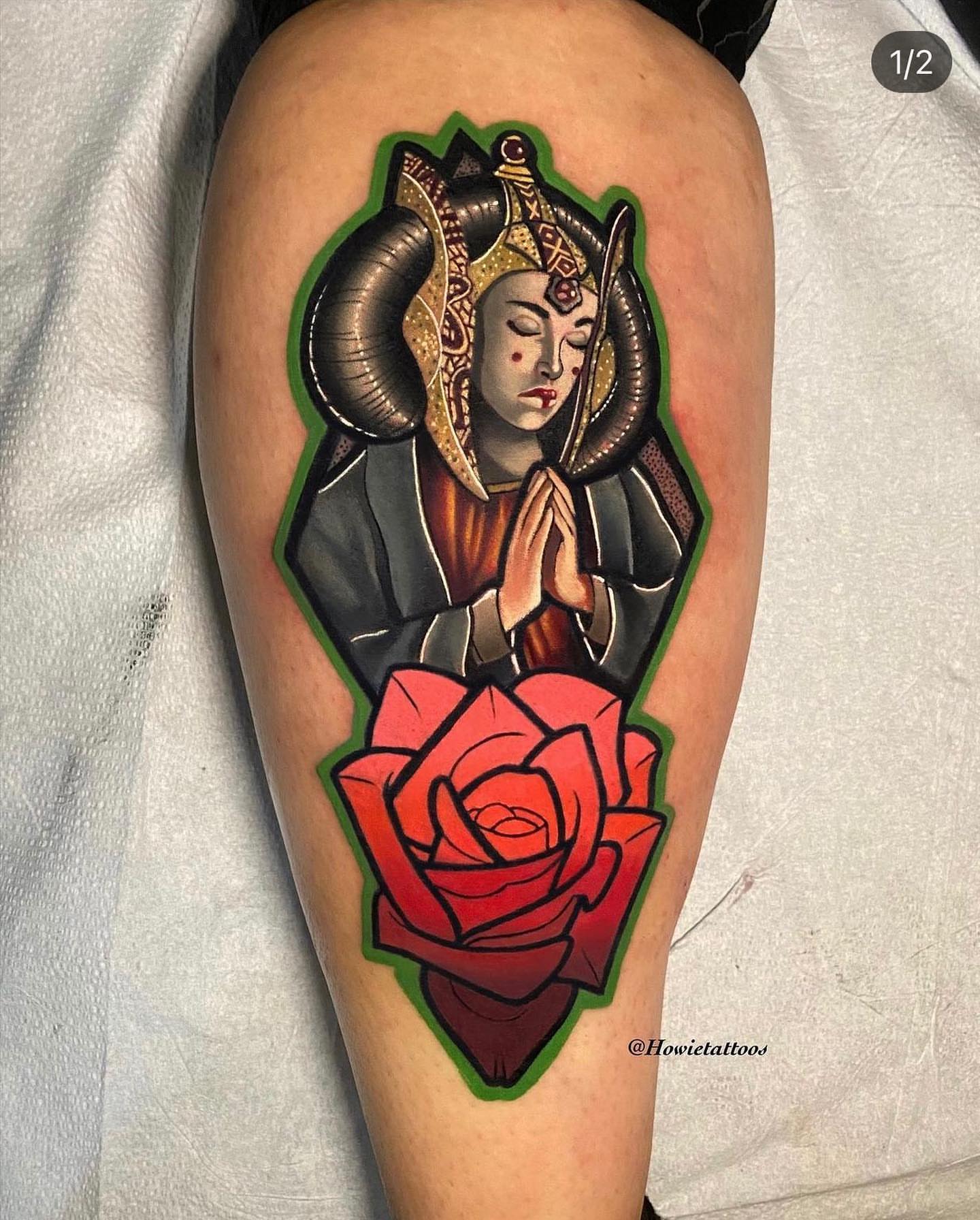 Woman with ram horns and rose American traditional tattoo on the thigh by Brian Horowitz