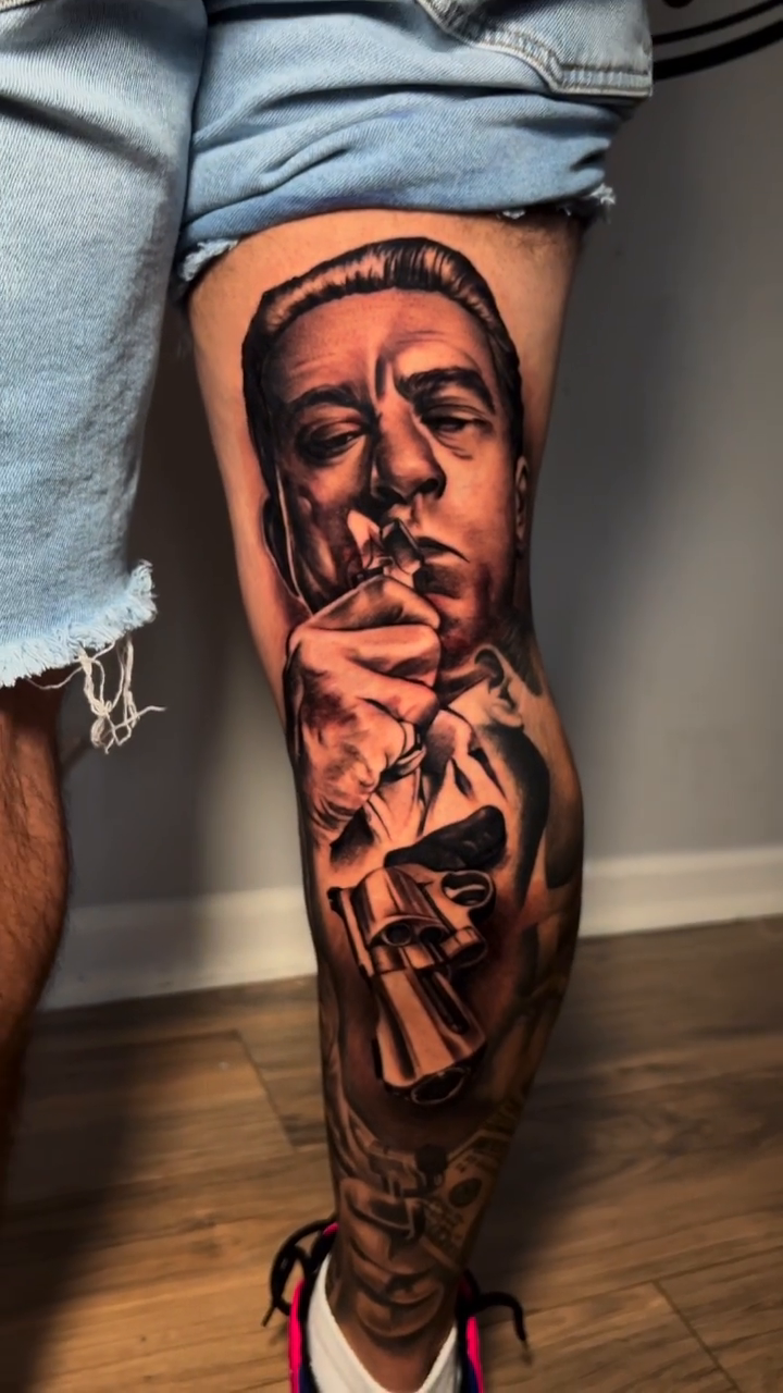 Portrait of a man smoking realism tattoo by P.Lok