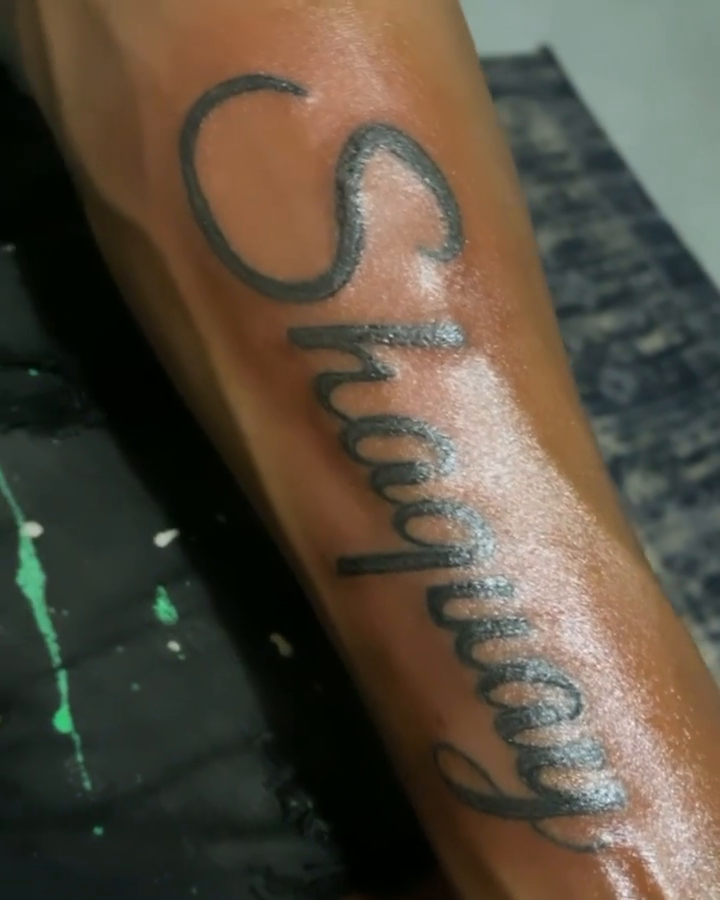 Shayway script tattoo lettering tattoo on the upper arm by InkByChing❤️🔥