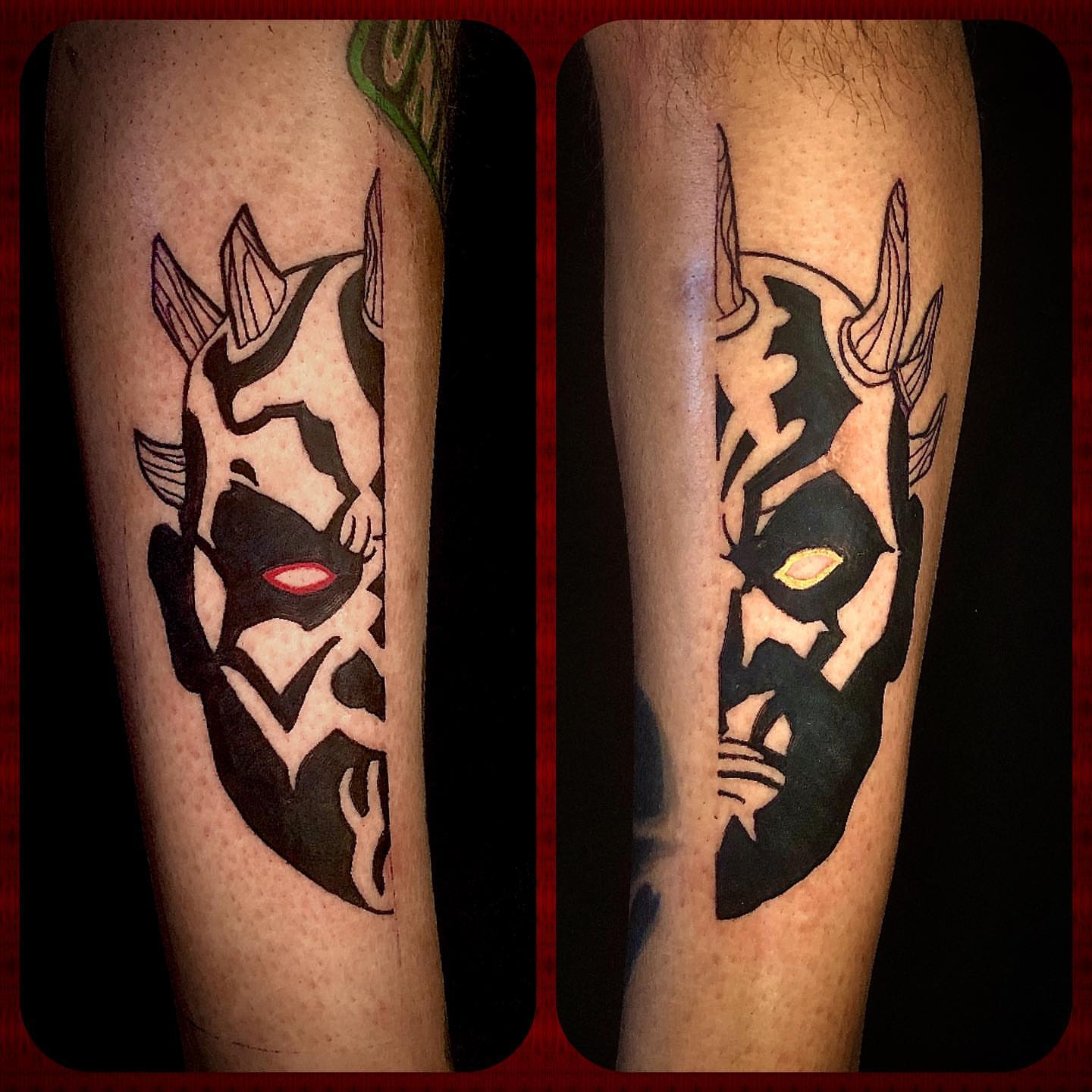 Mask geometric tattoo on the forearm by Josh Green