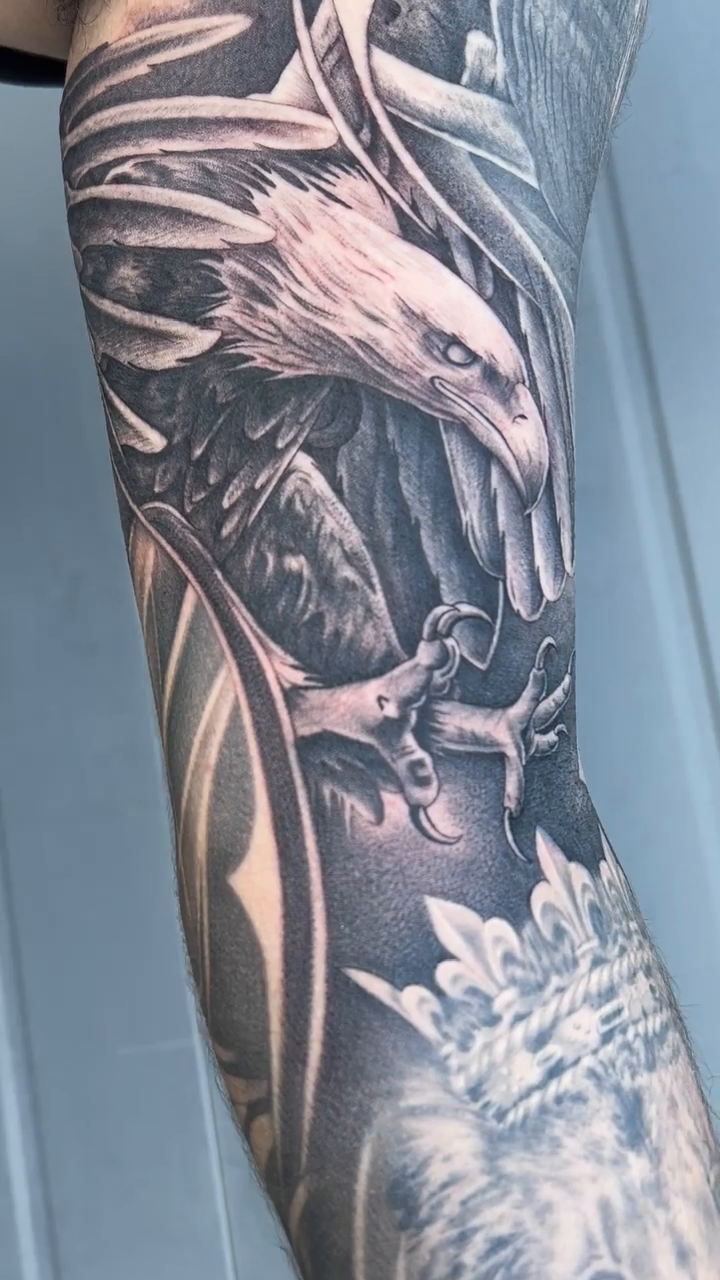 Eagle with shield realism tattoo by Kyle Lopez, Union City, California