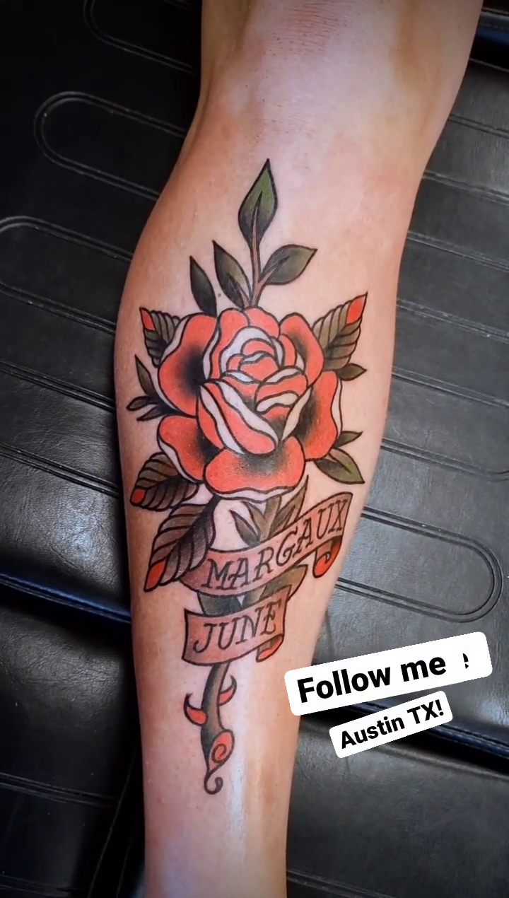 Rose with banner American traditional tattoo by Kyle Giffen - Tattoo Artist