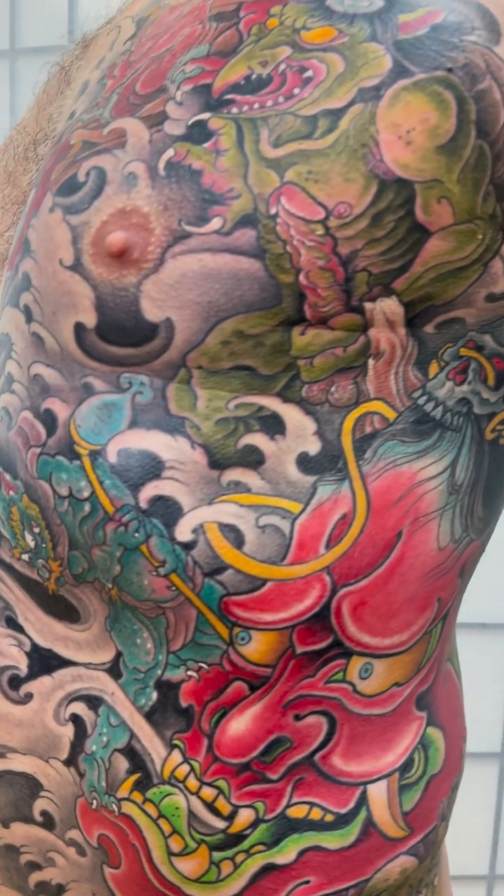 Oni mask and dragon japanese irezumi tattoo by 𝙉𝙄𝘾𝙆 𝘾𝘼𝙍𝙐𝙎𝙊, New York, New York