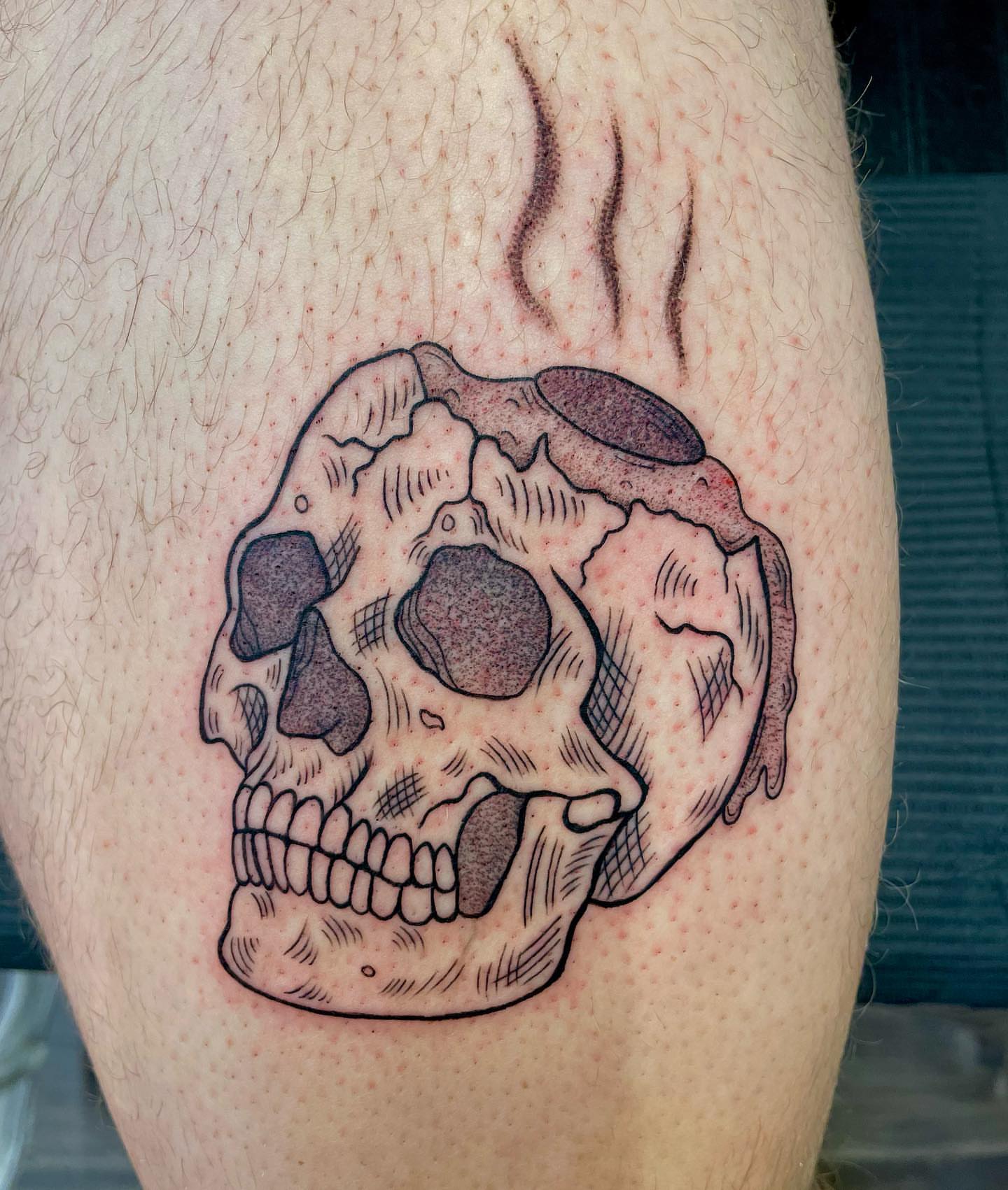 Skull dotwork tattoo on the thigh by Sam Oakes