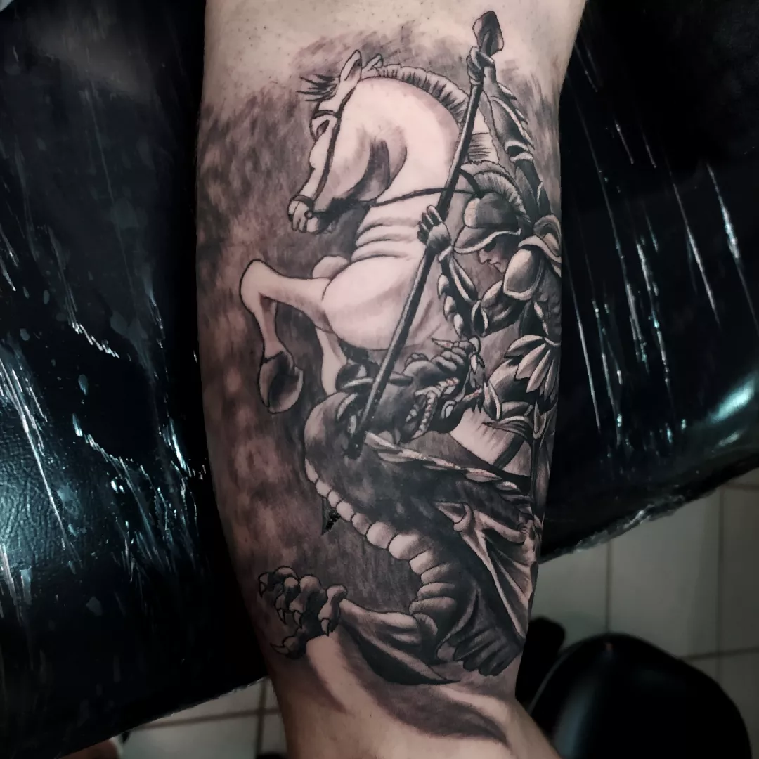 Horse and warrior realism tattoo on the forearm by Marquin π§π·