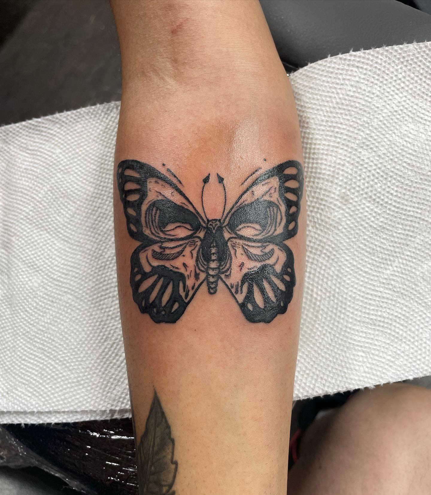 Butterfly black and grey tattoo on the forearm by Christhian King
