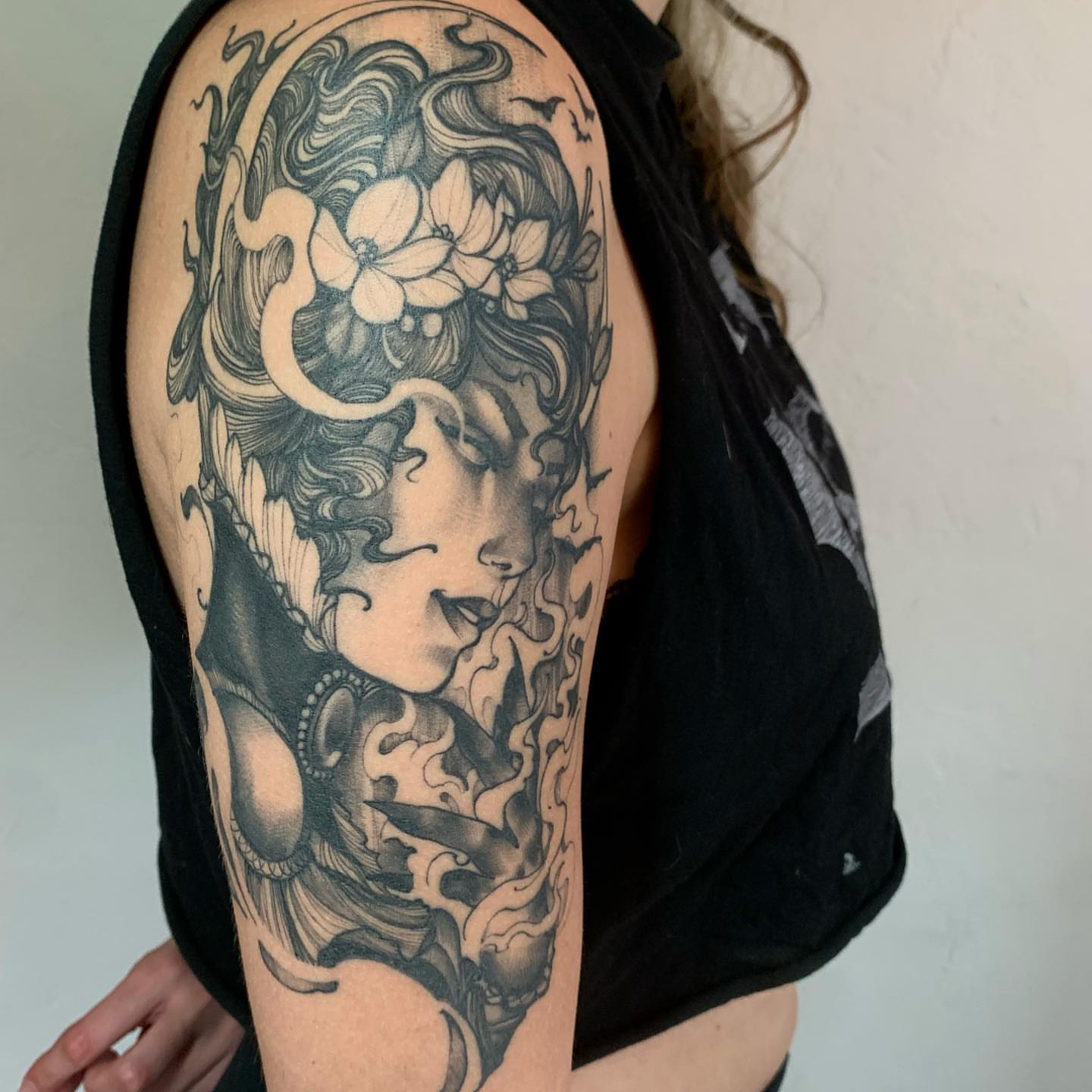 Woman's face realism tattoo on the upper arm by ⚔ Dylan Smith ⚔, Richmond, Virginia